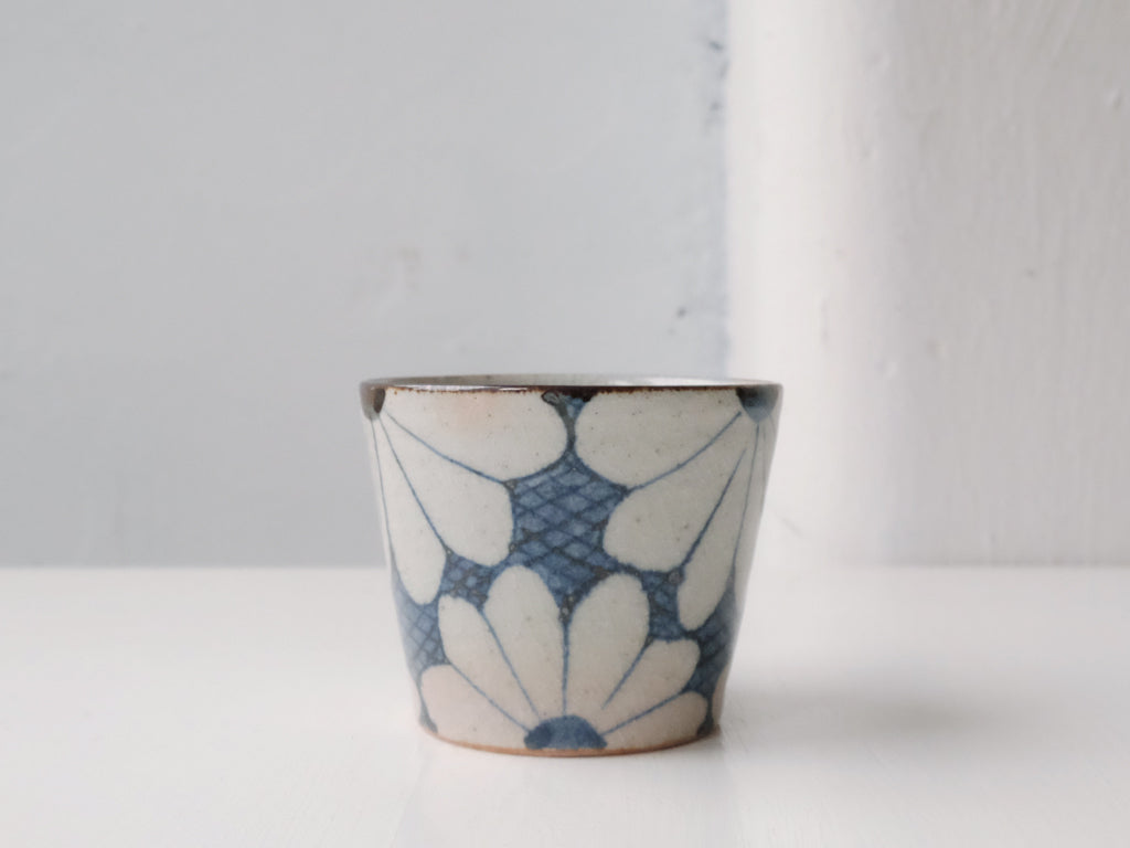 Authentic Japanese Indigo Kikumon (Chrysanthemum) Sobachoko Tea Cup by Tōsai Gama - Handcrafted Ceramic Sake Cup for Traditional Tea Ceremony & Japanese Dining