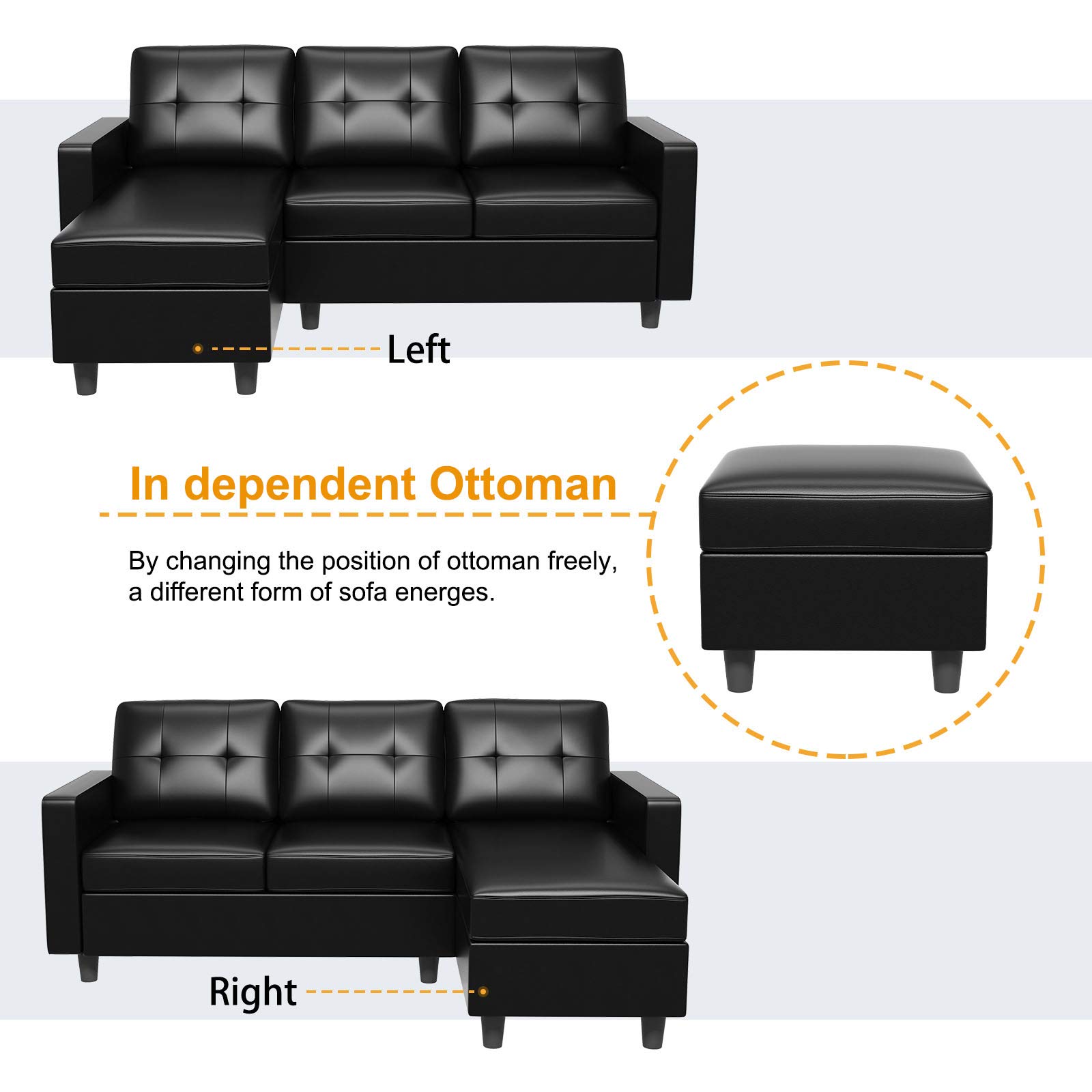 HONBAY Convertible L-Shaped Faux Leather Sectional Sofa for Small Spaces - Black | Modern Living Room Furniture for Apartments & Condos