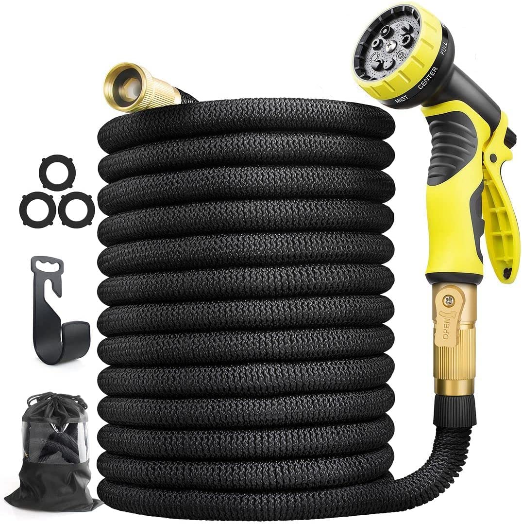 100FT Expandable Garden Hose with 9-Function Nozzle - Lightweight Flexible Water Hose with 3/4 Inch Solid Brass Fittings (Black & Yellow) - Perfect for Lawn Care, Car Washing, and Outdoor Cleaning