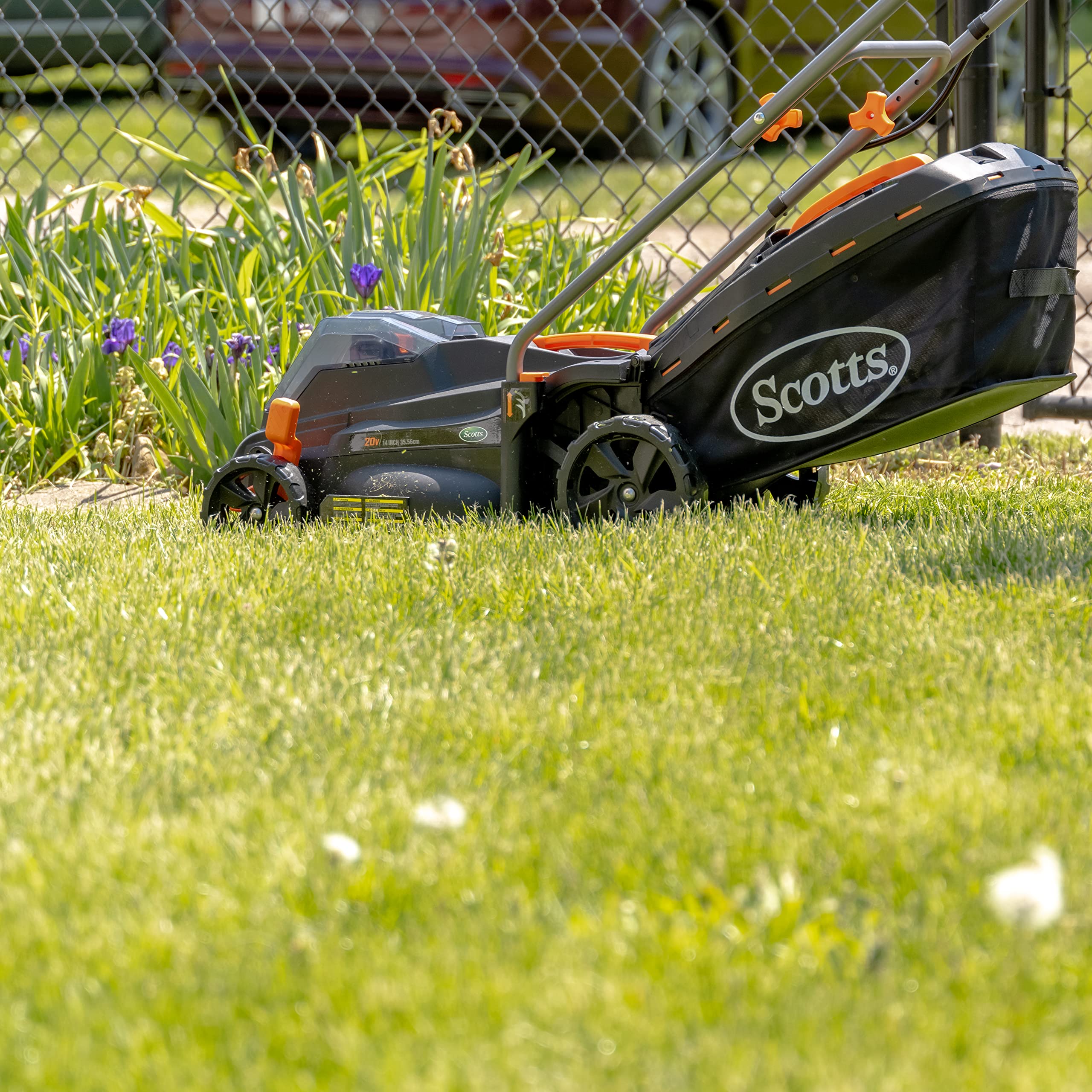 Scotts 20V 16-Inch Cordless Lawn Mower with 5.0Ah Battery & Fast Charger - Lightweight Electric Push Mower for Small to Medium Yards (Black/Orange) | Perfect for Residential Lawns, Backyards & Landscaping