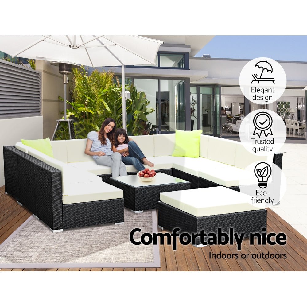 10-Piece Beige Wicker Outdoor Lounge Set with Storage Cover - Perfect for Patio, Garden, and Poolside Relaxation