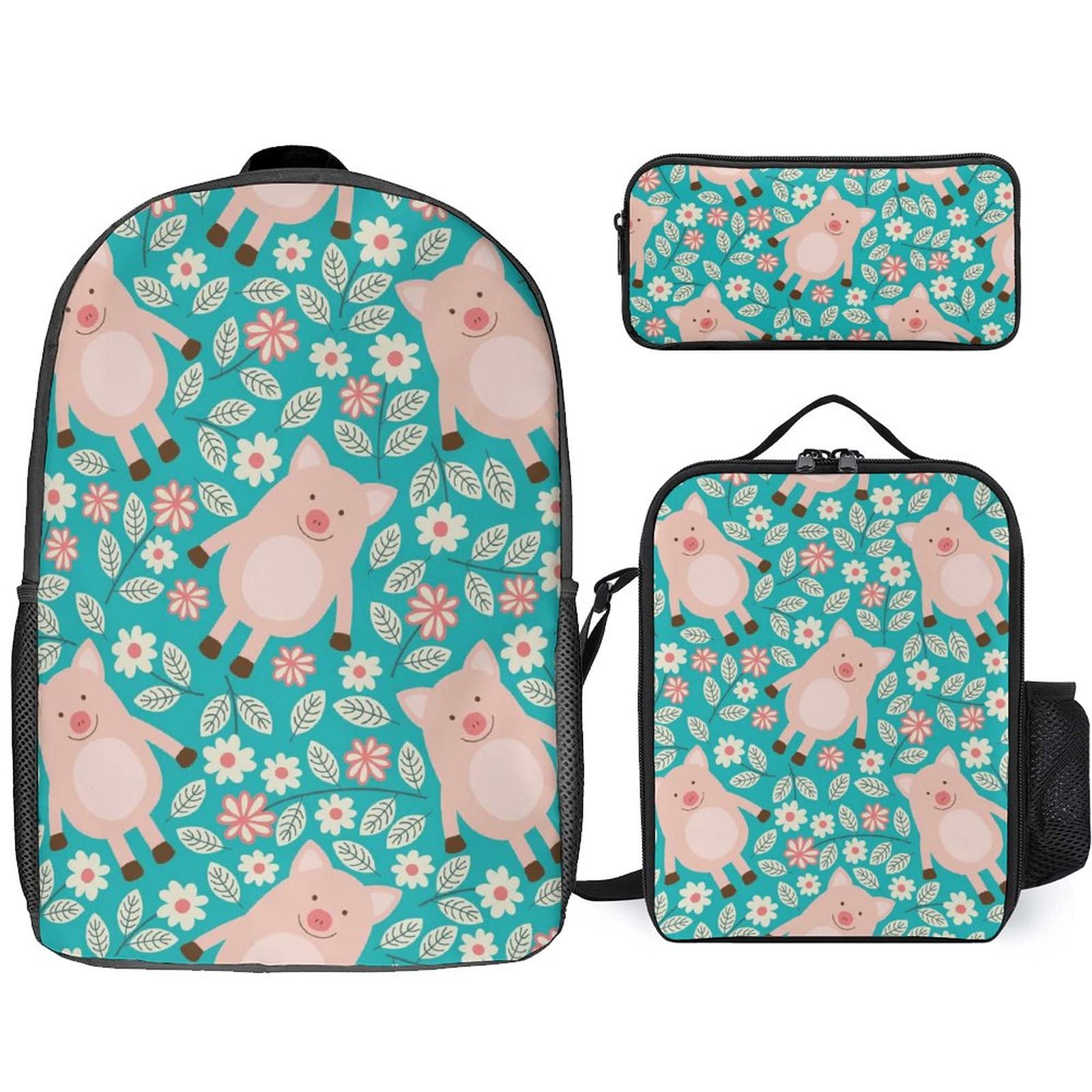 3-Piece Pink Piglet Floral Backpack Set with Lunch Box & Pencil Case - Cute School Book Bag for Teens & Adults, Laptop Rucksack for College, Work & Travel