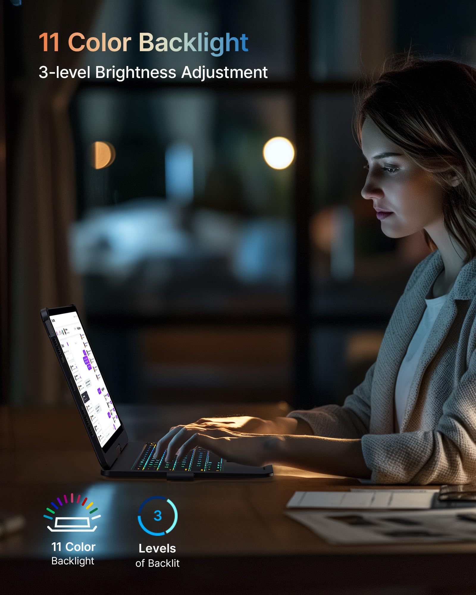 Wireless Keyboard Case for iPad Pro 11-inch (2024 M4 Model) - Backlit with 11 Colors, 360° Rotatable Protective Cover with Apple Pencil Holder, Built-in Trackpad | Slim & Lightweight Design | Perfect for Work, Study & Travel (Black)