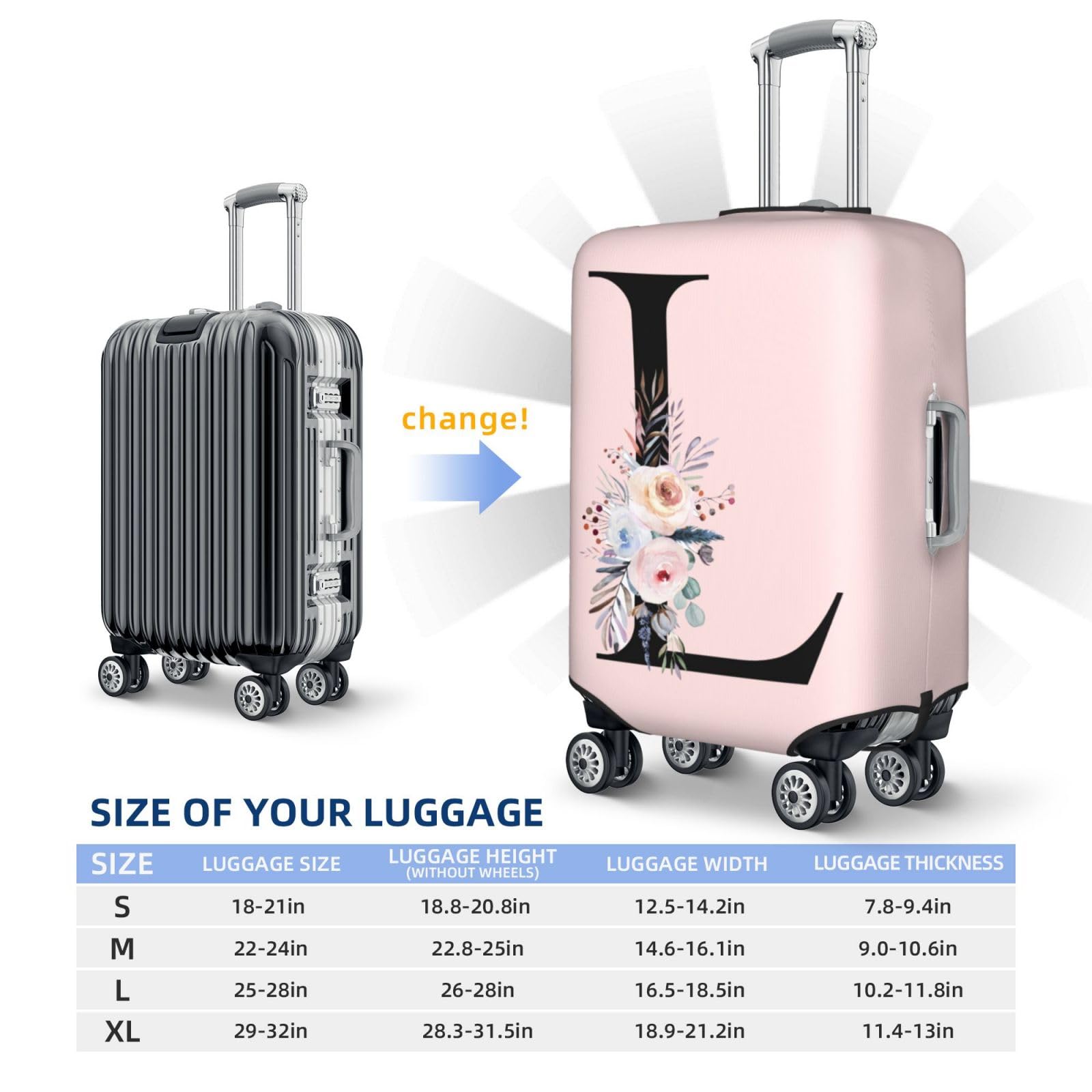 Spandex Travel Luggage Cover - Cute Pink Suitcase Protector with Black Letter L & Boho Floral Design | Anti-Scratch, Dust-Proof, Washable Suitcase Sleeve for Kids & Adults | XL (Fits 29-32 Inch Luggage) | Perfect for Air Travel, Vacation & Storage Protection