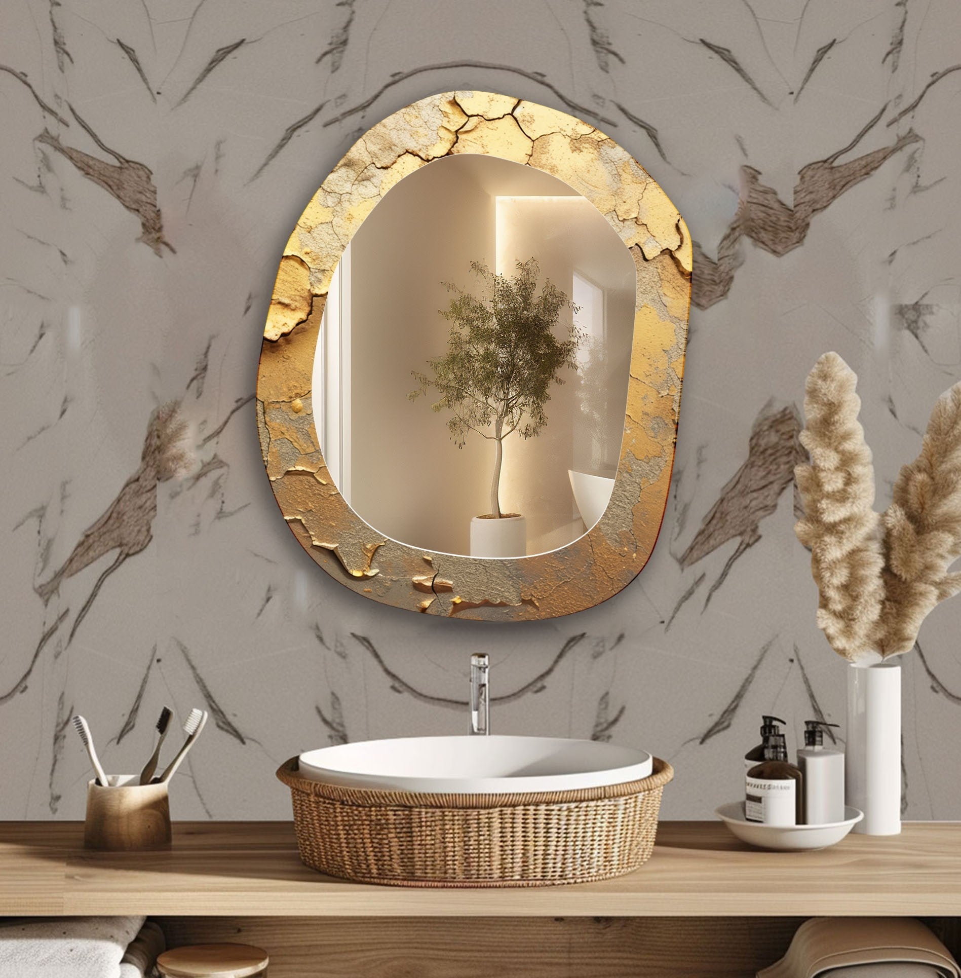Asymmetrical Gold Marble Wall Mirror - Modern Decorative Mirror for Living Room, Bedroom & Entryway - Elegant Home Decor Accent Piece