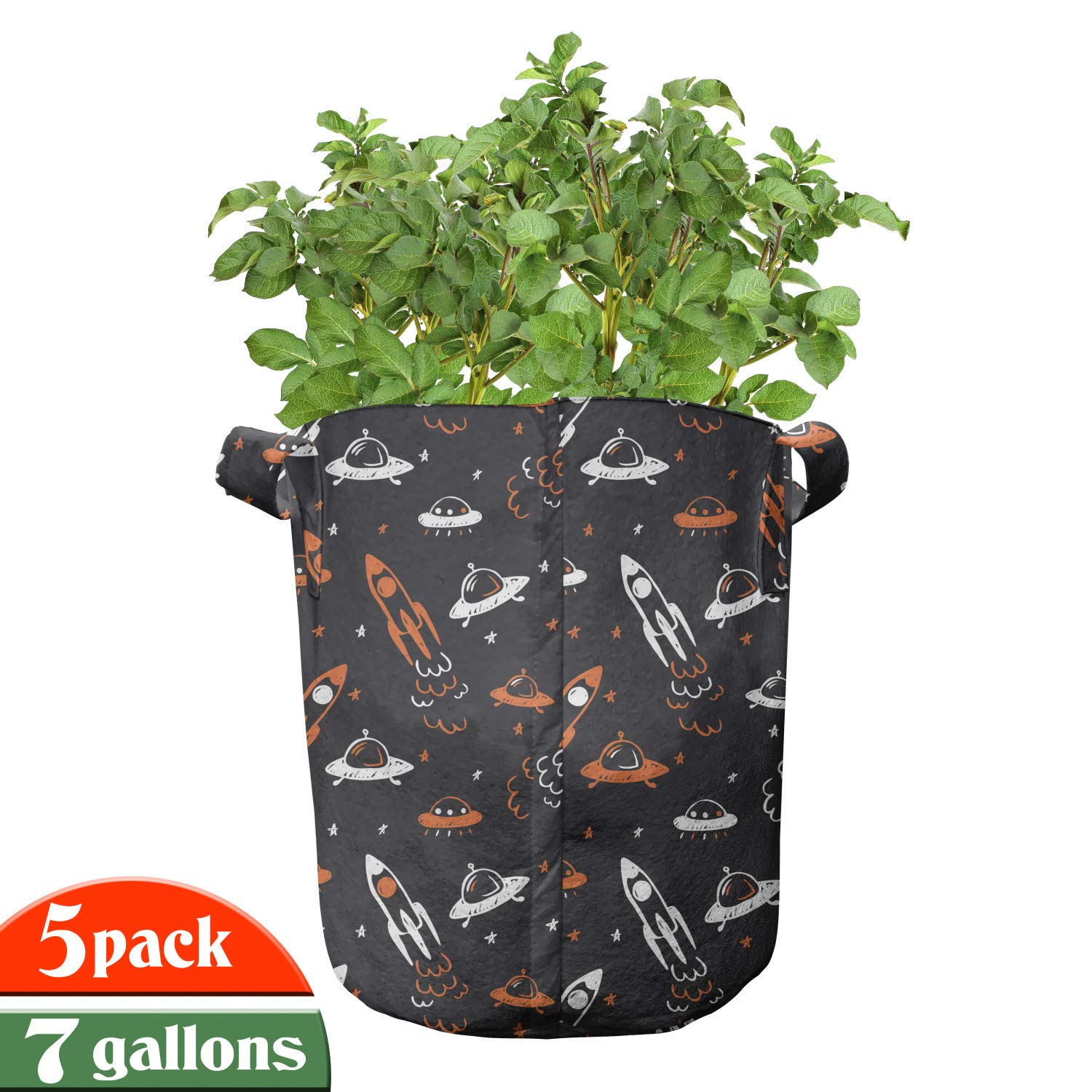 Ambesonne 5-Pack Space Themed Grow Bags - 7 Gallon Heavy Duty Fabric Plant Pots with Handles for Indoor/Outdoor Gardening - Black Orange White Cosmic Design - Perfect for Home Garden, Balcony Plants & Urban Farming