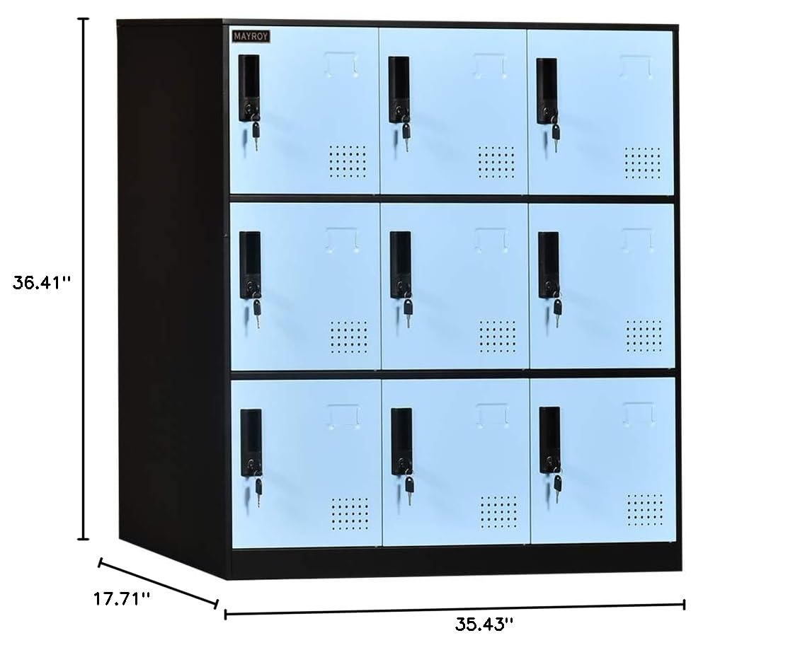 9-Door Metal Storage Locker Cabinet with Lock - Office, Home & School Organizer for Classroom, Gym, Kids Room & Playroom - Durable Blue Storage Solution for Sports Equipment, Toys & School Supplies
