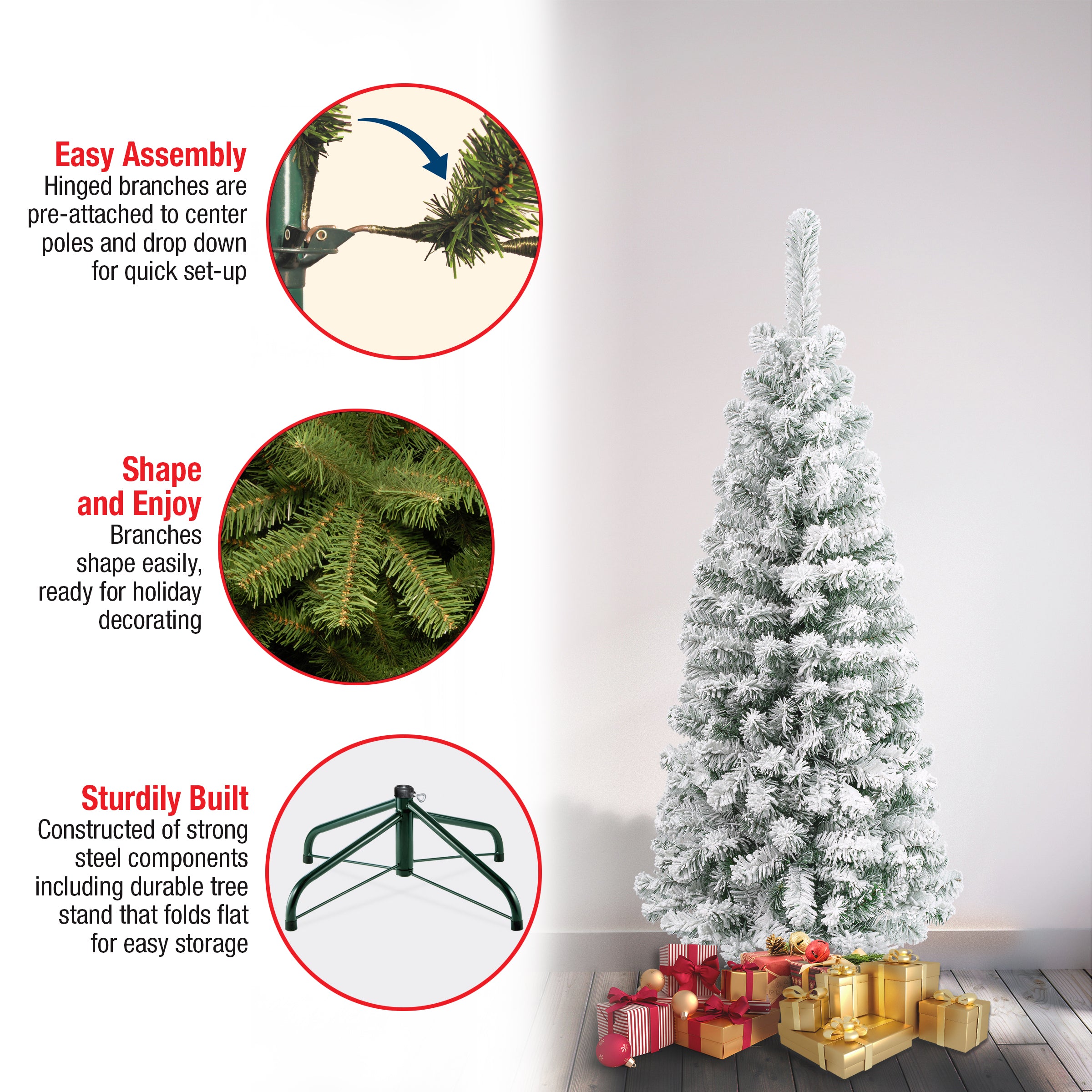 4.5 ft. Acacia Pencil Slim Flocked Artificial Christmas Tree - Perfect for Small Spaces, Apartments & Holiday Decor