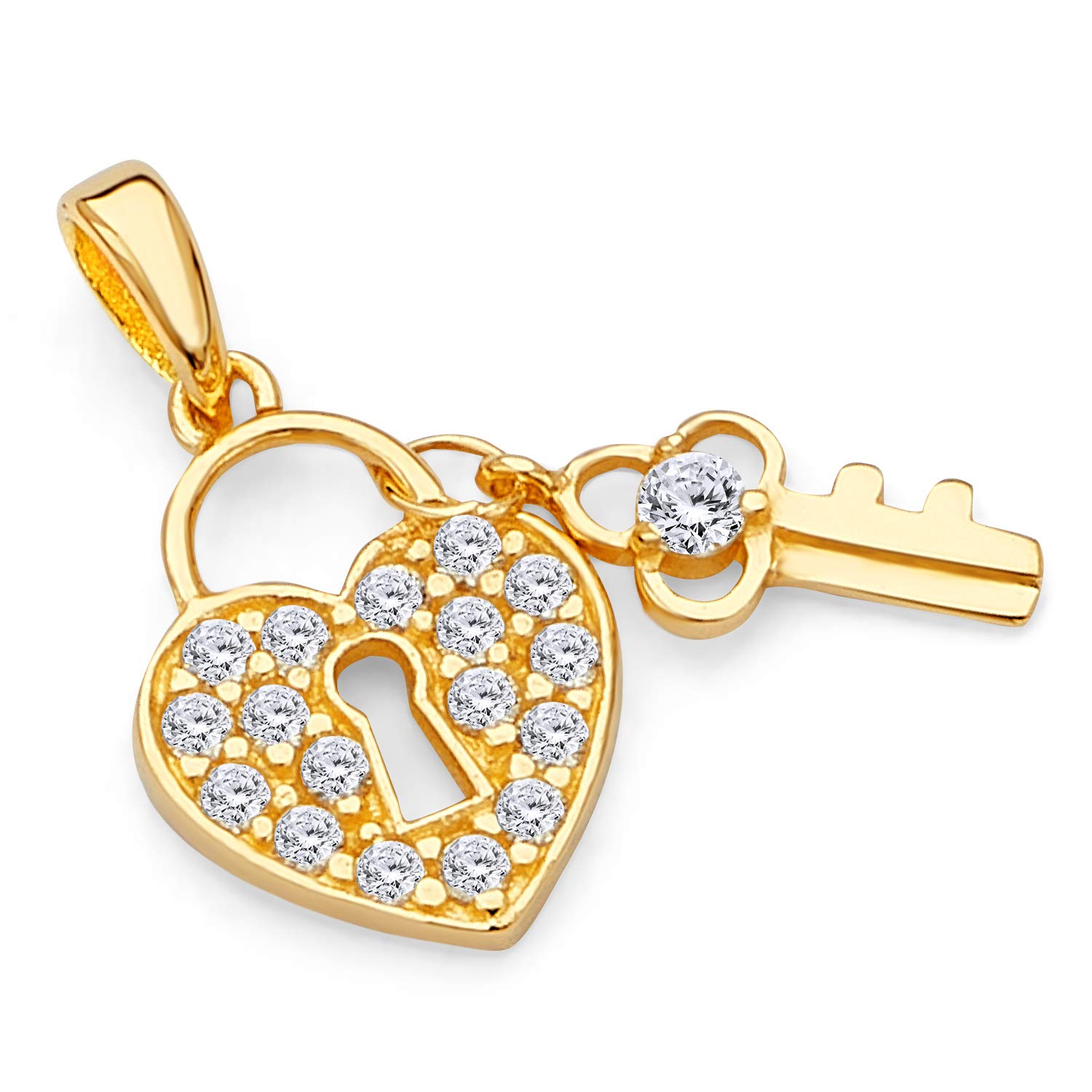 14K Yellow Gold CZ Heart Lock & Key Charm Pendant Necklace for Women - Elegant Jewelry Gift for Valentine's Day, Anniversary & Special Occasions