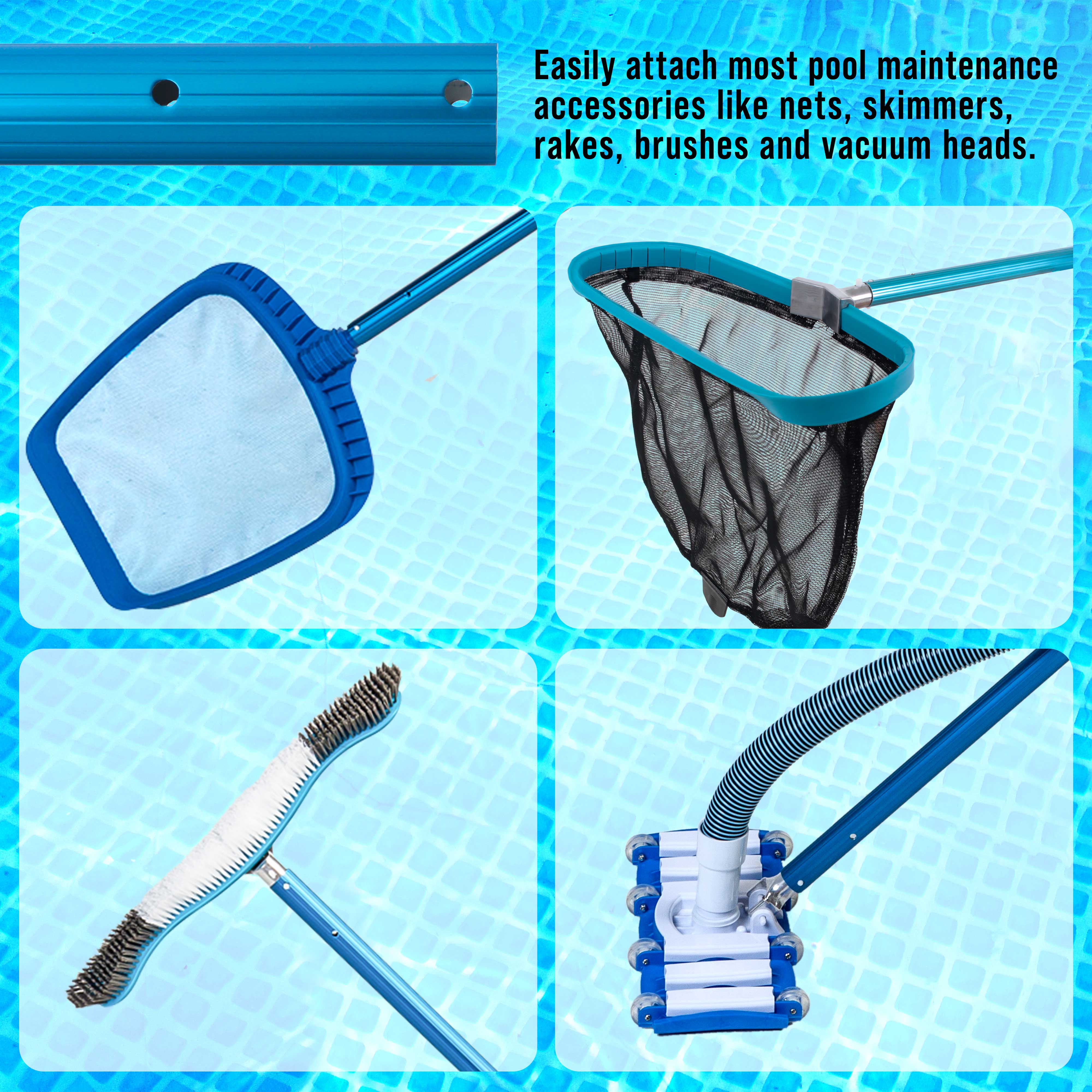 10ft Blue Anodized Aluminum Telescopic Pool Pole - Adjustable 3-Piece Swimming Pool Cleaning Pole with Skimmer Net Attachment | Professional Pool Maintenance Tool for Skimming Leaves & Debris | Perfect for In-Ground & Above Ground Pools