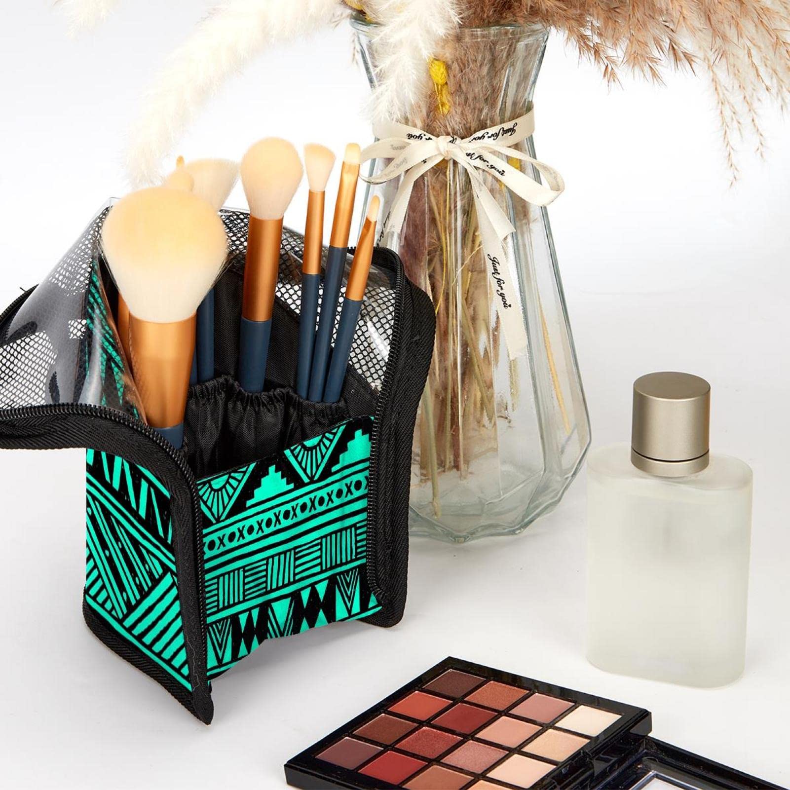 12-Piece Makeup Brush Organizer Bag Set - Geometric Retro Boho Style Portable Cosmetic Brush Holder Case for Travel & Home Vanity Organization