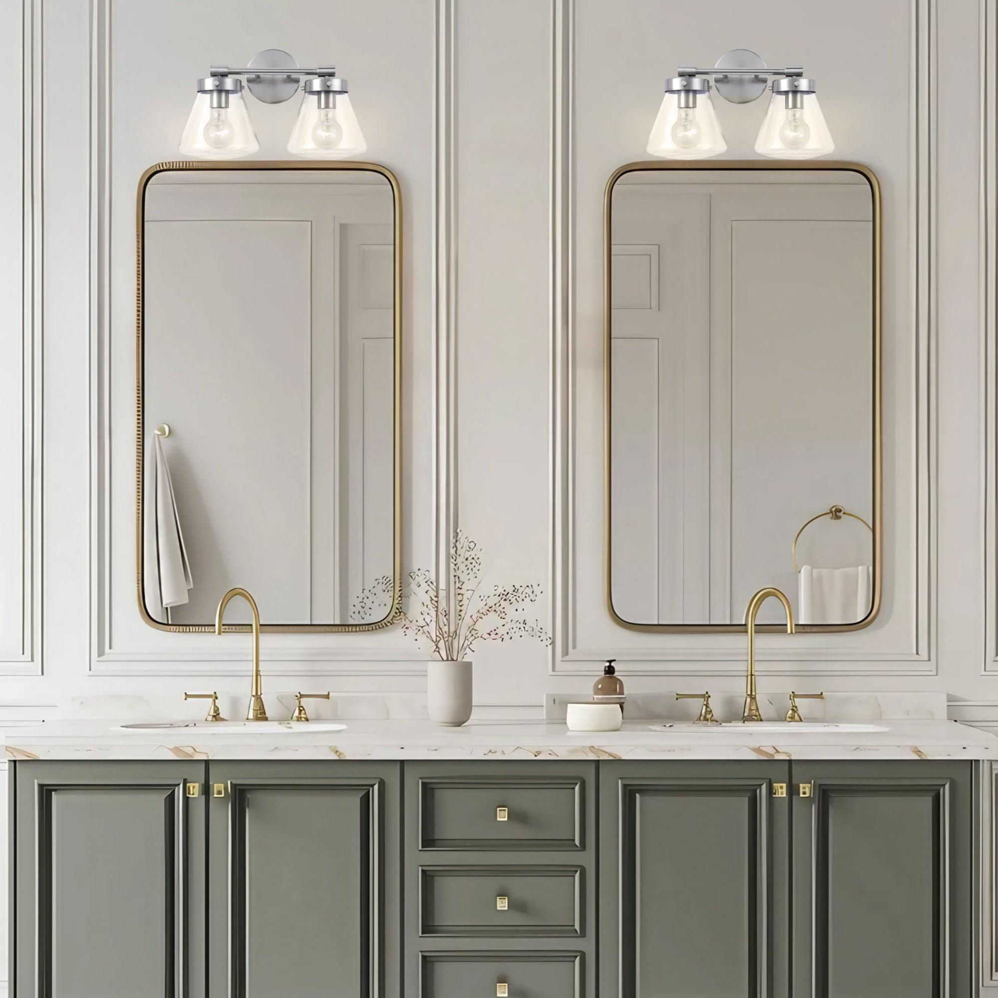Gleam Modern Farmhouse 2-Light Vanity Light - Bathroom Wall Sconce for Mirror Lighting, Farmhouse Style Fixture with Clear Glass Shades, Perfect for Bedroom, Powder Room or Dressing Area