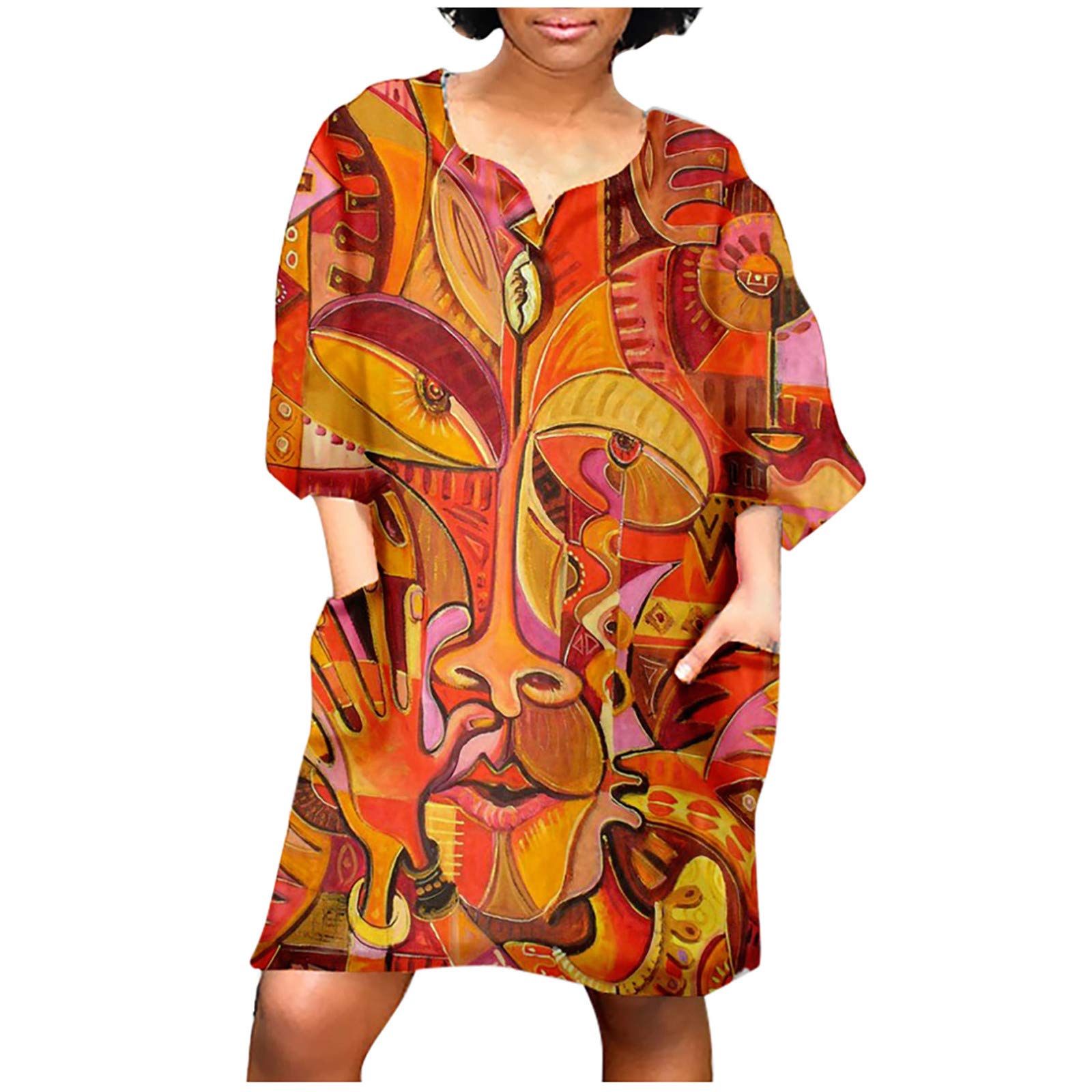 Women's African Vintage Print Short Sleeve Summer T-Shirt Dress - Loose Fit Mini Sundress for Casual Wear & Beach Outings