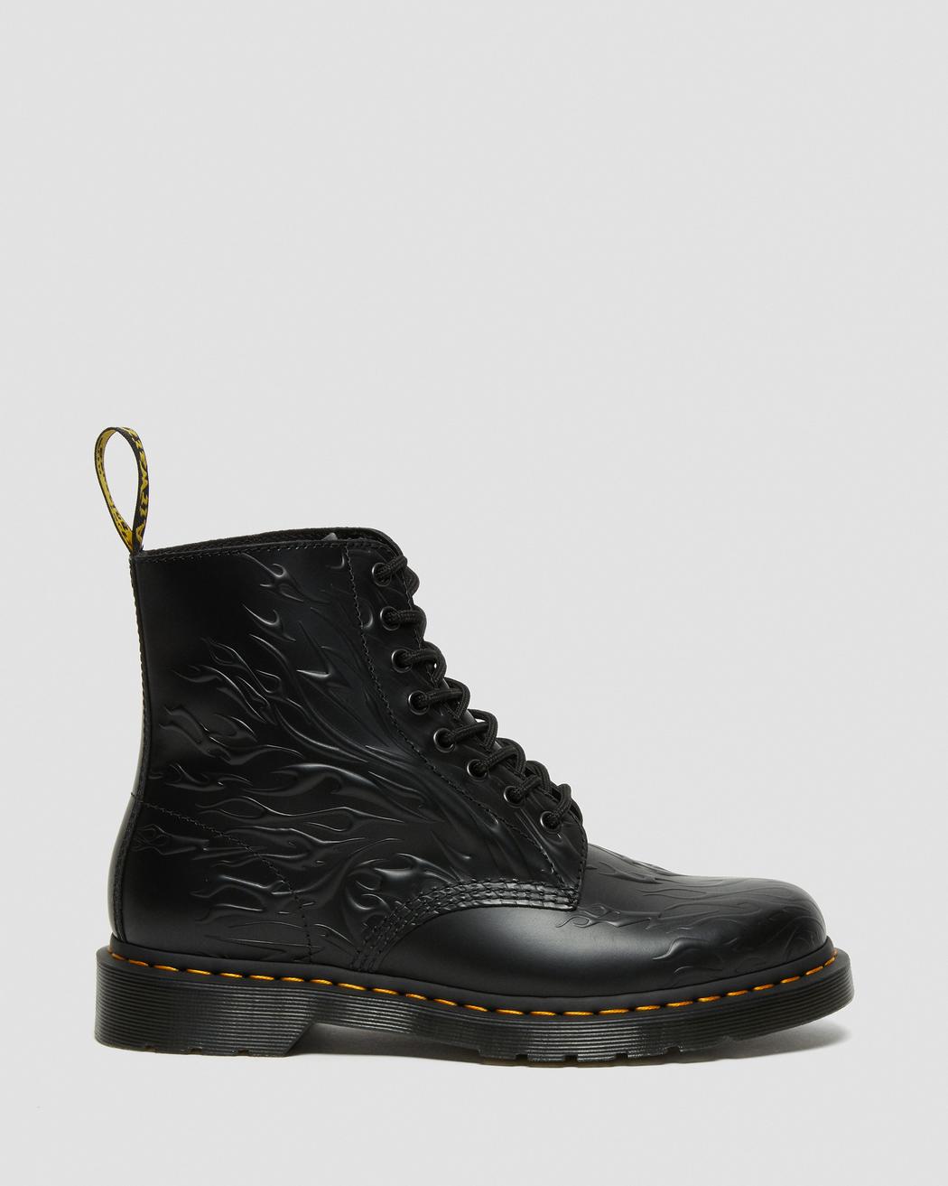 Dr. Martens 1460 Flames Black Polished Smooth Leather Lace-Up Boots for Men & Women - Punk Style Ankle Boots for Concerts, Festivals and Street Fashion