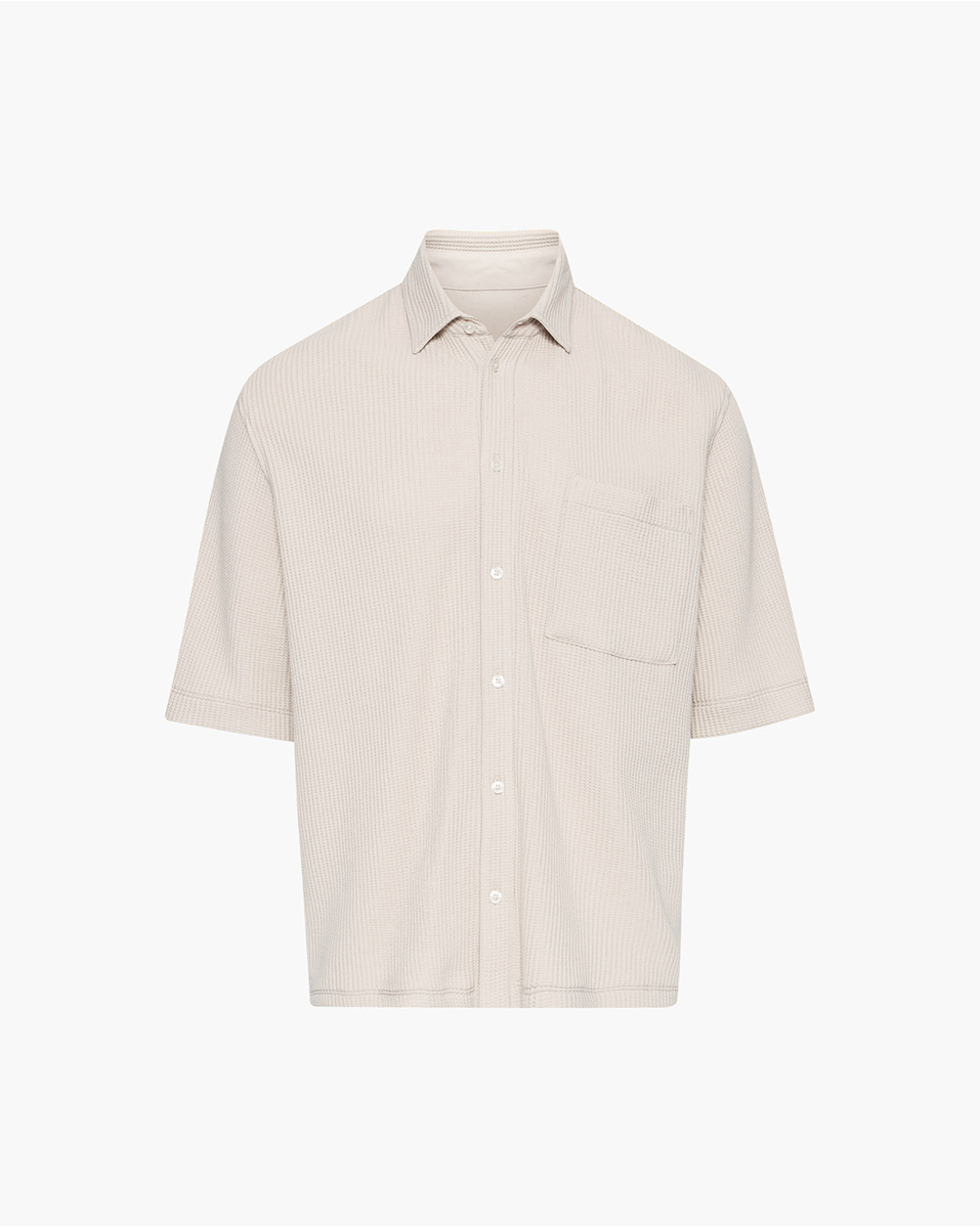 Soft Beige Waffle Short Sleeve Button Front Pocket Shirt for Men - Casual Comfort Wear for Everyday Outings and Weekend Relaxation