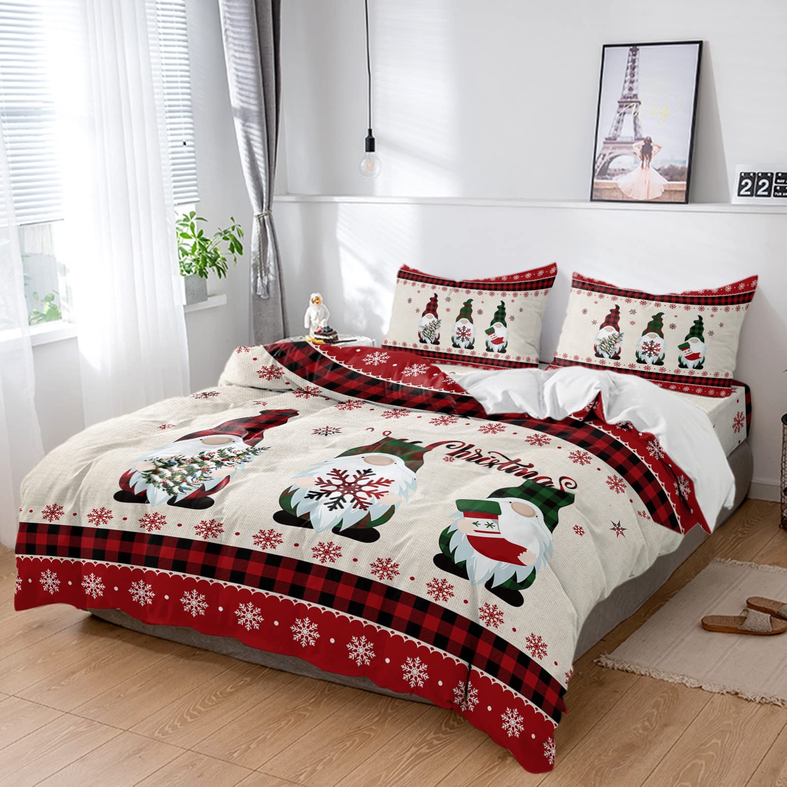 4-Piece Winter Gnome Duvet Cover Set - Ultra Soft Full Size Bedding with Snowflake & Buffalo Check Design for Kids, Teens, Adults - Christmas Themed All-Season Quilt Cover - Perfect for Cozy Bedrooms, Holiday Decor & Gift Giving