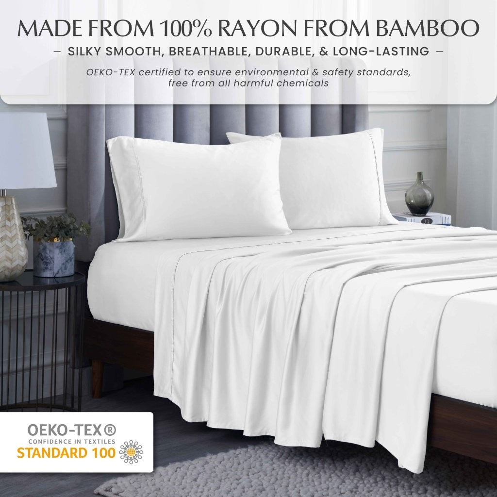 300 Thread Count Rayon From Bamboo Solid Deep Pocket Sheet Set - Ultra Soft & Breathable Bed Sheets for Queen Size Mattress - Perfect for All-Season Comfort & Luxury Bedroom Decor