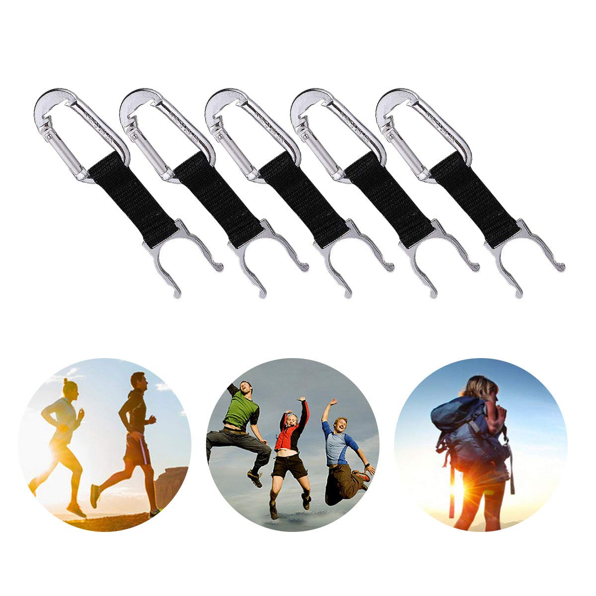 5-Pack Aluminum Alloy Water Bottle Clips with Lid - Durable Bottle Buckle, Spaghetti Tongs & Carrying Clip for Camping, Hiking, Travel & Outdoor Activities