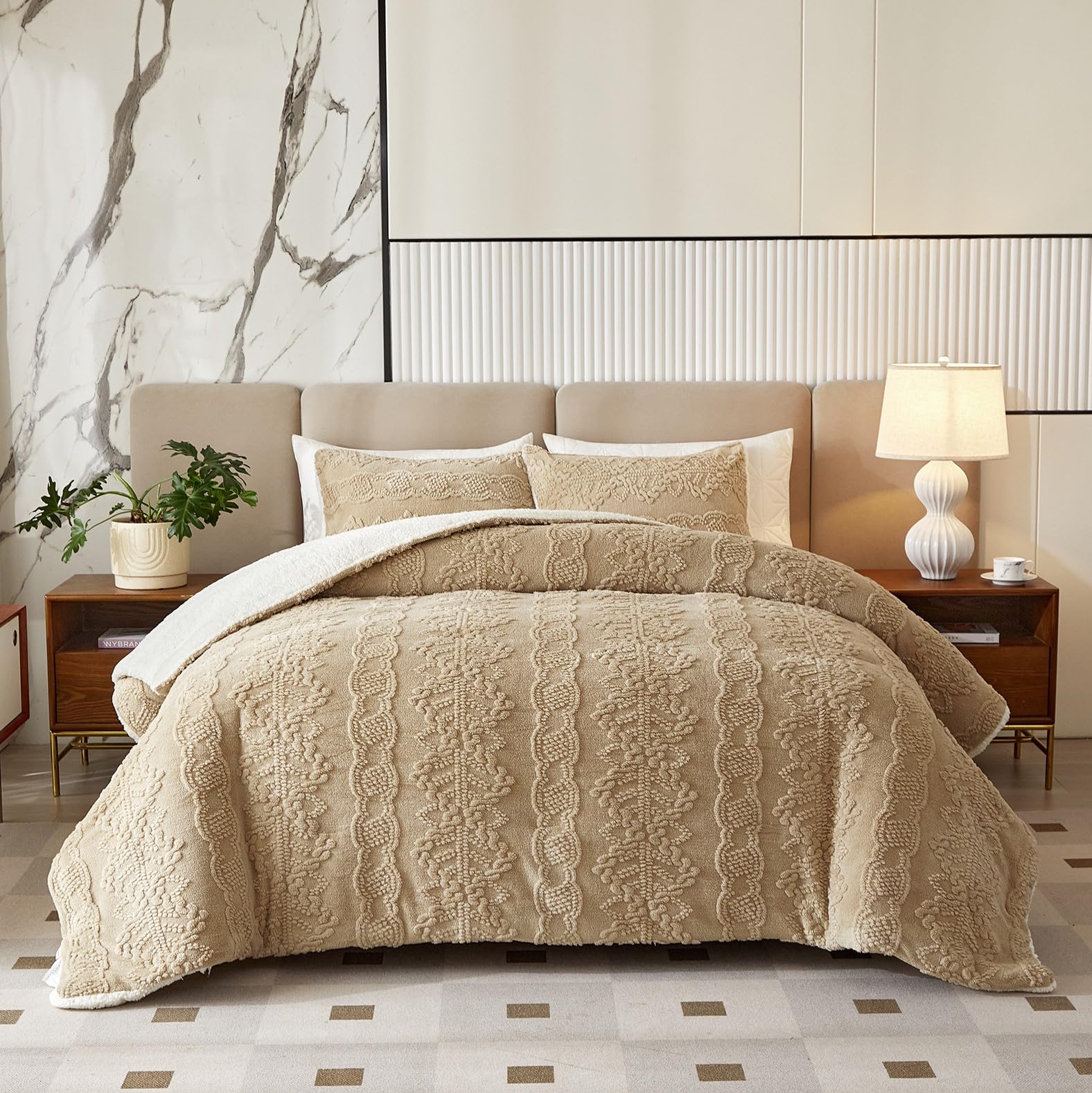 Luxury Flannel Fleece Sherpa Comforter Set - Twin Size Jacquard Boho Stripes Down Alternative Comforter in Khaki - Ultra Soft & Warm 3-Piece Bedding Set for Winter (1 Comforter + 2 Pillowcases) - Perfect for Cozy Nights, Guest Rooms & Cold Weather Comfort