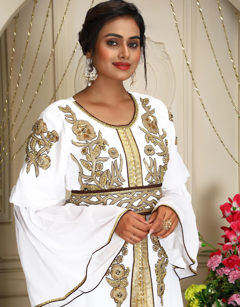 Exquisite White Arabic Georgette Fabric with Moroccan Stone Embroidery - Perfect for Boho Chic Dresses, Scarves & Home Decor