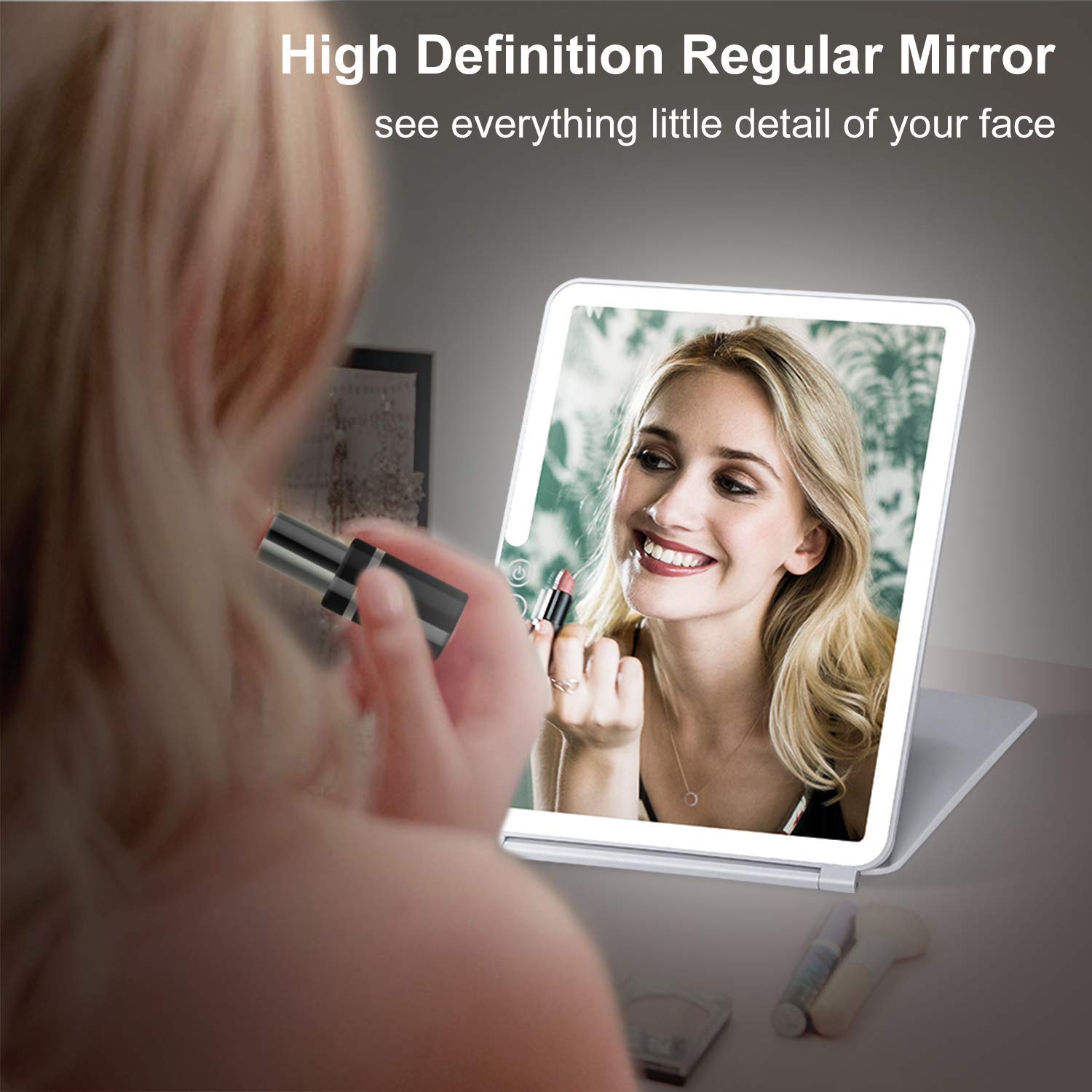 KEDSUM Rechargeable LED Makeup Mirror with Cover - Touch Screen Dimming, 10X Magnification, Portable Travel Vanity Mirror for Home & Travel - Perfect for Makeup, Skincare, and Salon Use