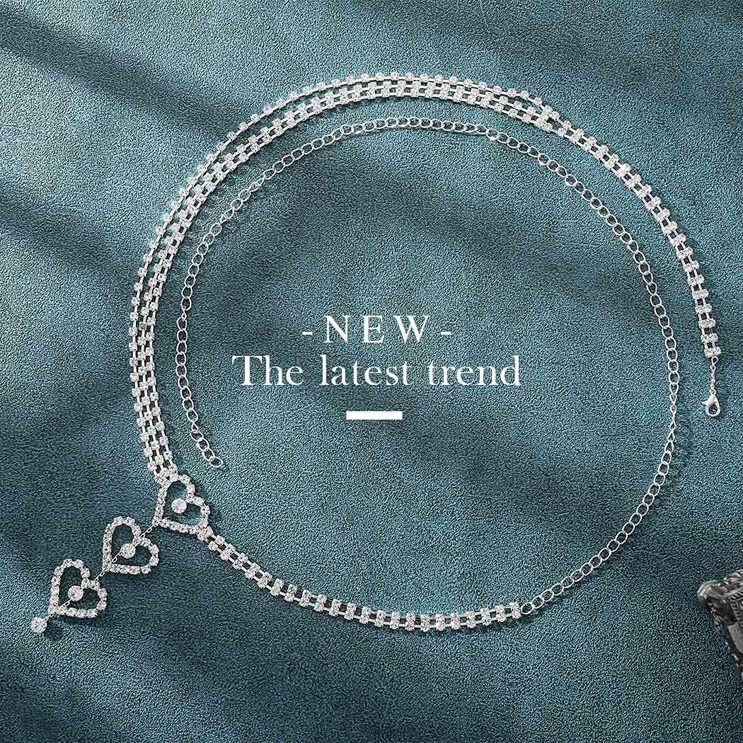 Sparkling Rhinestone Waist Chain - Layered Silver Belly Jewelry with Heart Charm for Women | Nightclub, Party, Festival & Beach Body Accessories | Perfect for Bachelorette, Rave & Special Occasions