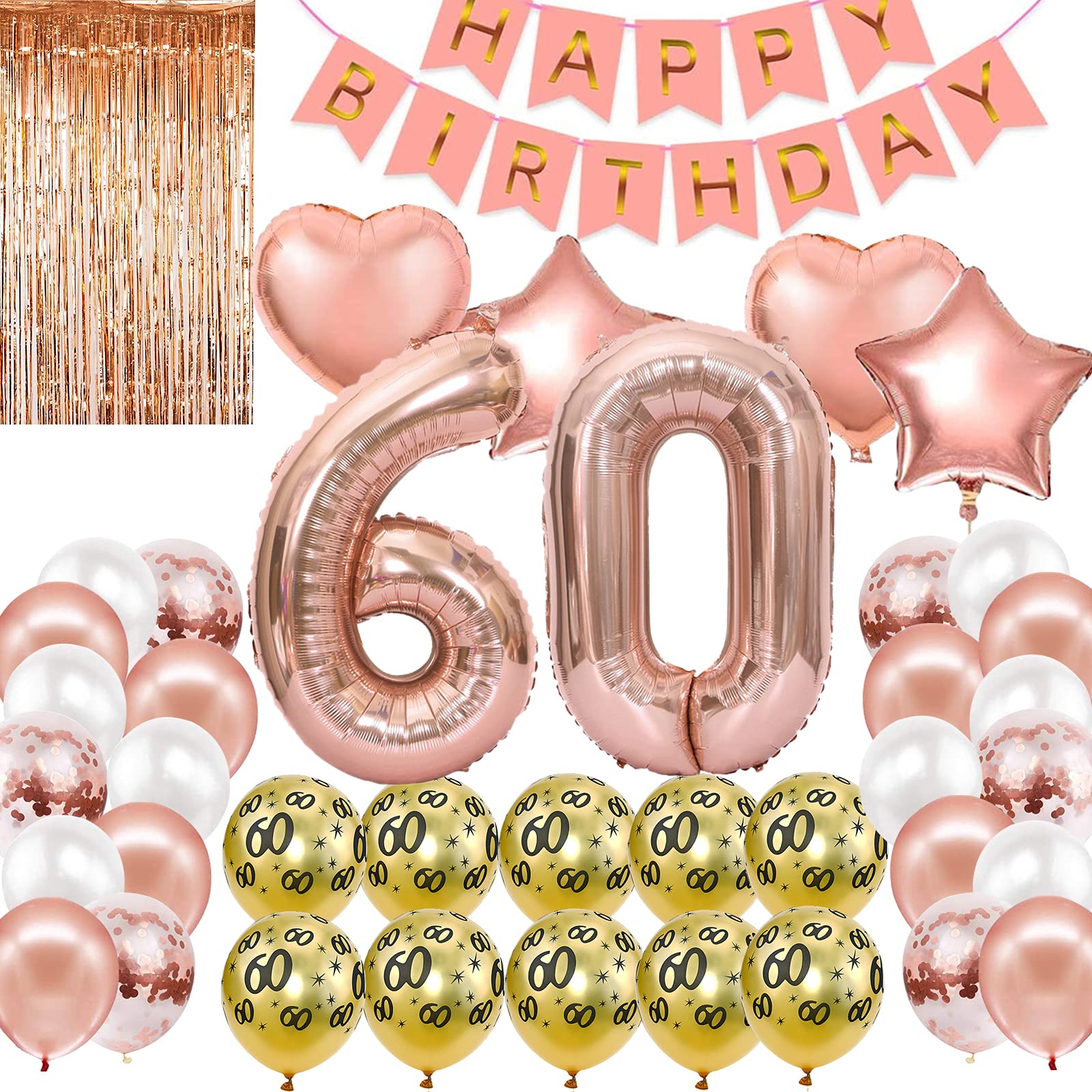 41Pcs Rose Gold 60th Birthday Party Decorations Kit - Pink Balloons, Glittery Happy Birthday Banner, Women's Birthday Party Supplies for Anniversary, Retirement, Bridal Shower & Special Celebrations