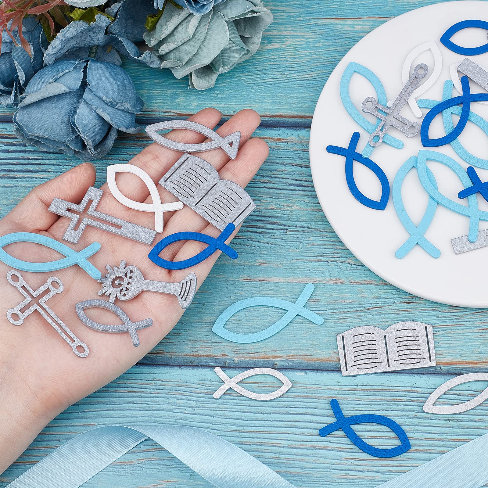 SUPERFINDINGS 180Pcs Blue & White Wooden Fish Decorations - 9 Styles Poplar Wood Jesus Fish Cross Scatter Decor for Baptism, Church Events, Wedding Centerpieces & Table Party Decorations