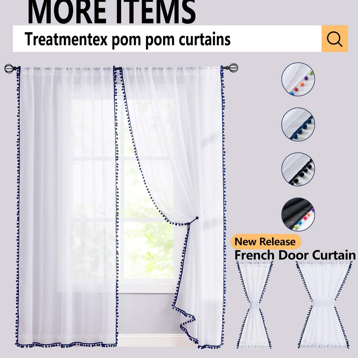 Pink Sheer Curtains for Girls Room - 108 Inch Long Window Drapes with Cute Pom Pom Trim, 52