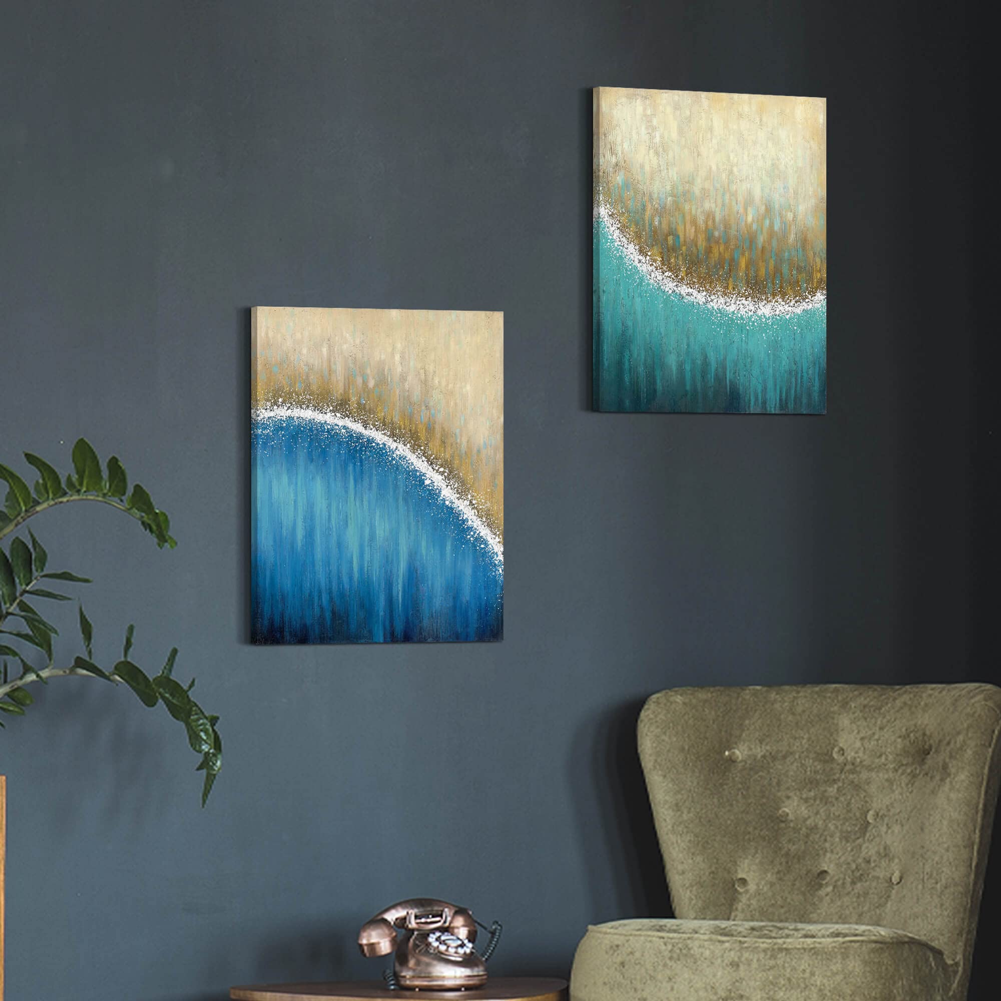 Blue Abstract Wave Canvas Art - Modern Silver Foil Wall Decor for Bathroom & Office