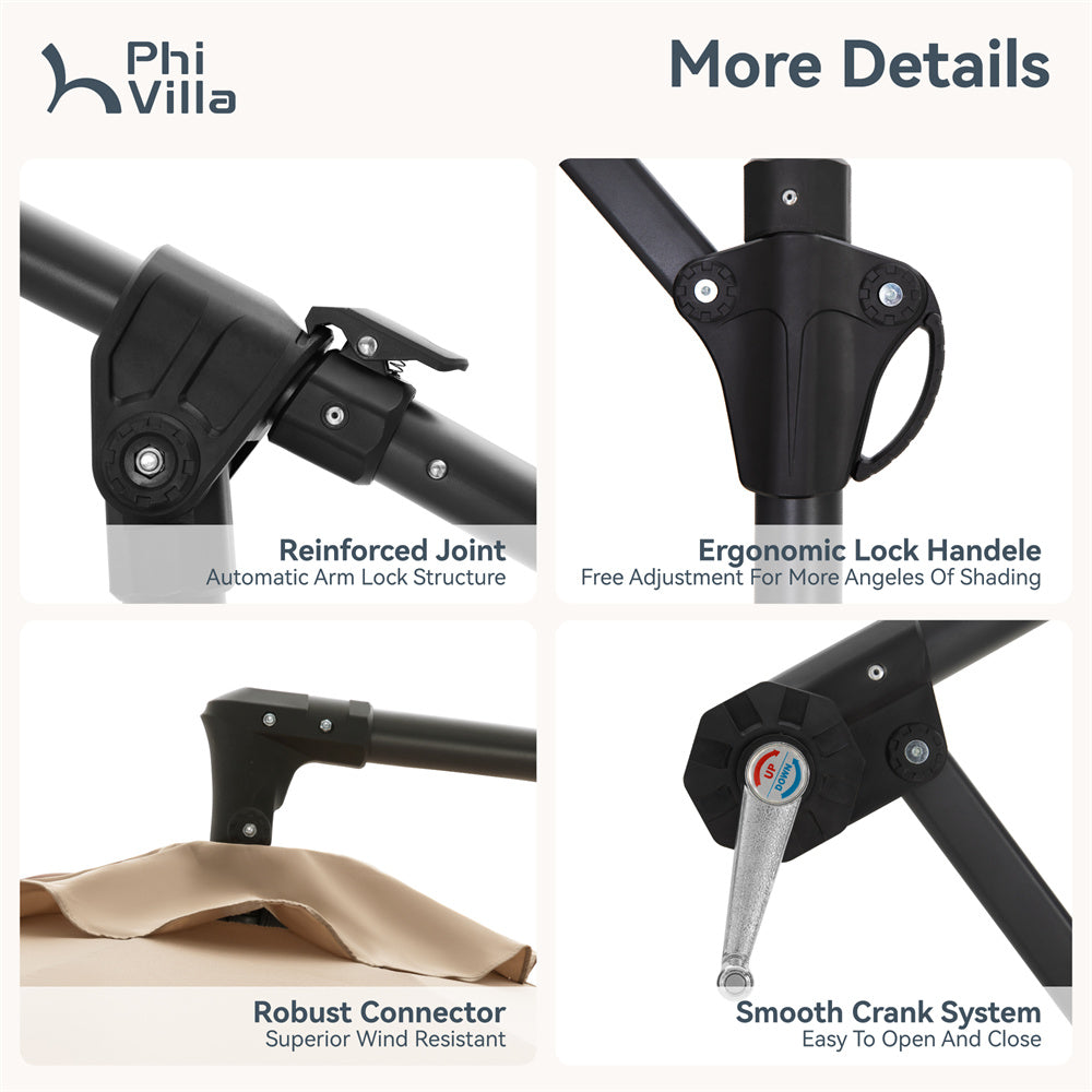 PHI VILLA 10ft Outdoor Patio Offset Cantilever Umbrella with Cross Base - Sun Shade for Poolside, Garden, Deck, and Backyard Relaxation