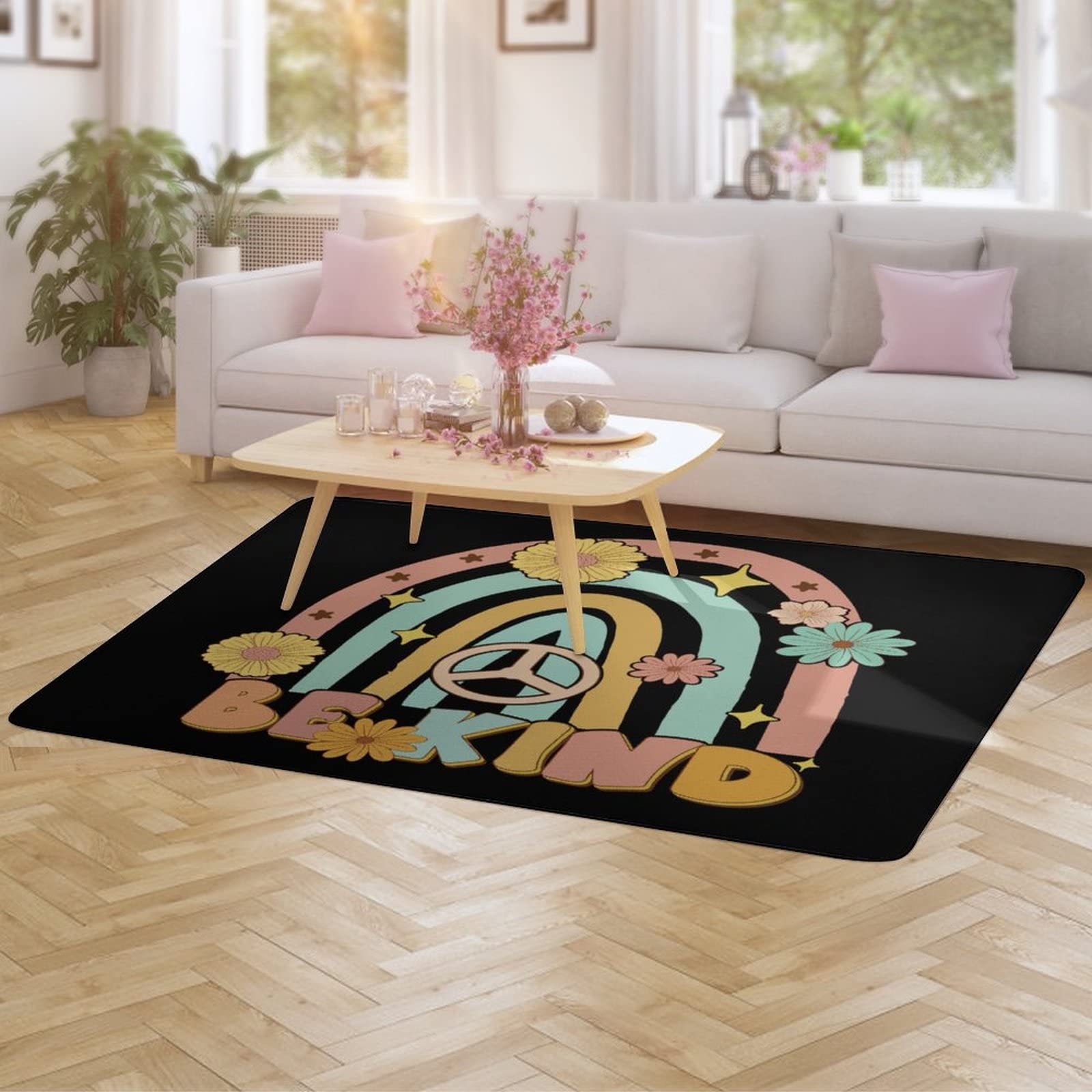 Be Kind Retro Rainbow Rug for Kids & Teens - 3x5ft Soft Floor Mat for Bedroom, Nursery, Playroom, Dorm - Science & Feminism Inspired Room Decor - Perfect for Living Room, Dining Area & Switch Gaming Space