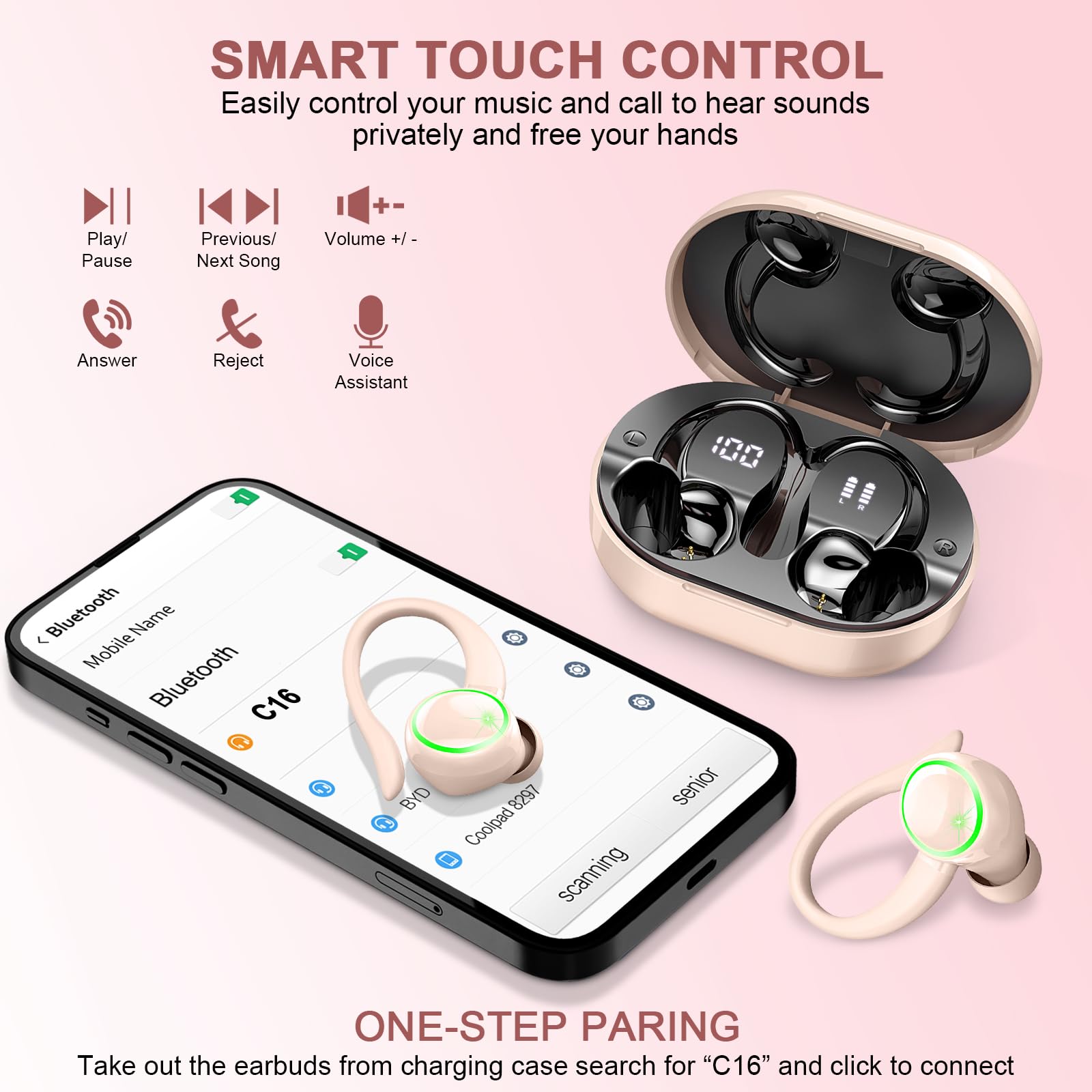 Wireless Earbuds Bluetooth 5.4 with Noise Cancelling - 50H Playtime, IP7 Waterproof for Sports & Running - Light Pink