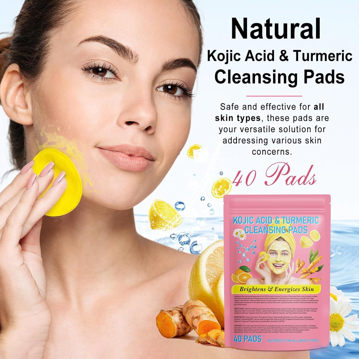 Turmeric Kojic Acid Cleansing Pads for Acne & Dark Spots | Exfoliating Face Pads to Balance Oil & Water | Unclog Pores & Reduce Scars | Infused Foaming Treatment for Glowing Skin | Perfect for Daily Skincare Routine & Travel