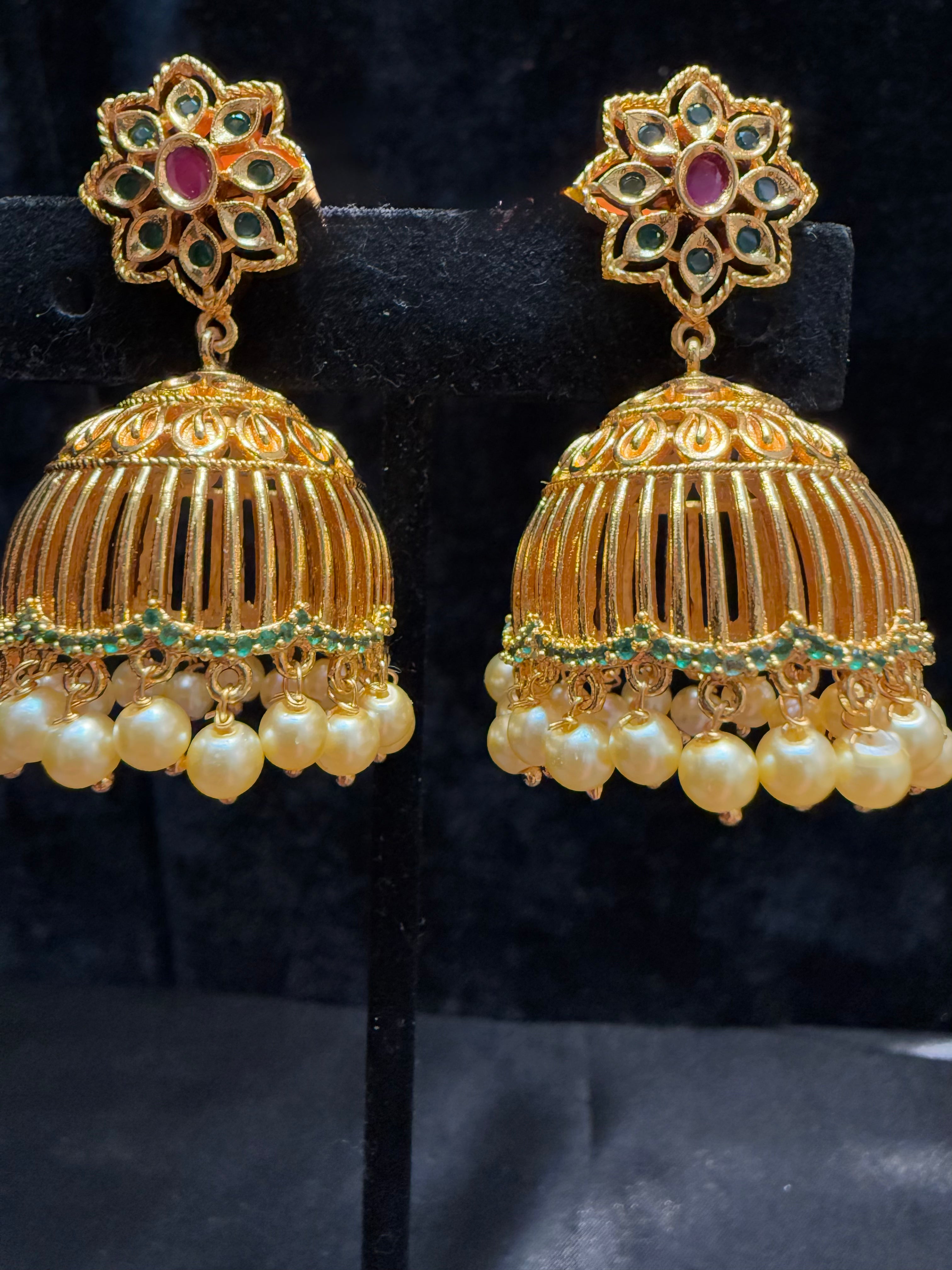 Exquisite Gold Plated Jhumka Earrings with Pink & Green Gemstones and Pearl Drops | Traditional Indian Jewelry for Weddings, Parties & Festive Occasions