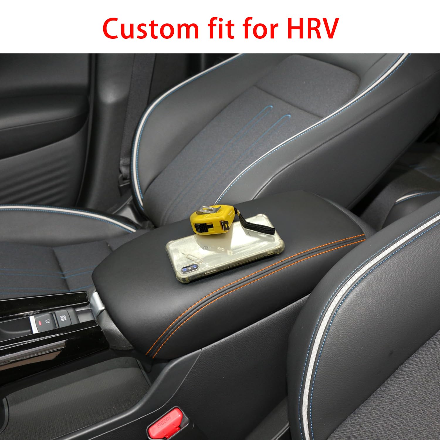 Premium Center Console Armrest Cover for Honda HR-V 2023 2024 2025 | HR-V Armrest Box Lid Protector | Leather Interior Accessories with Orange Stitching | Perfect for Road Trips & Daily Commuting
