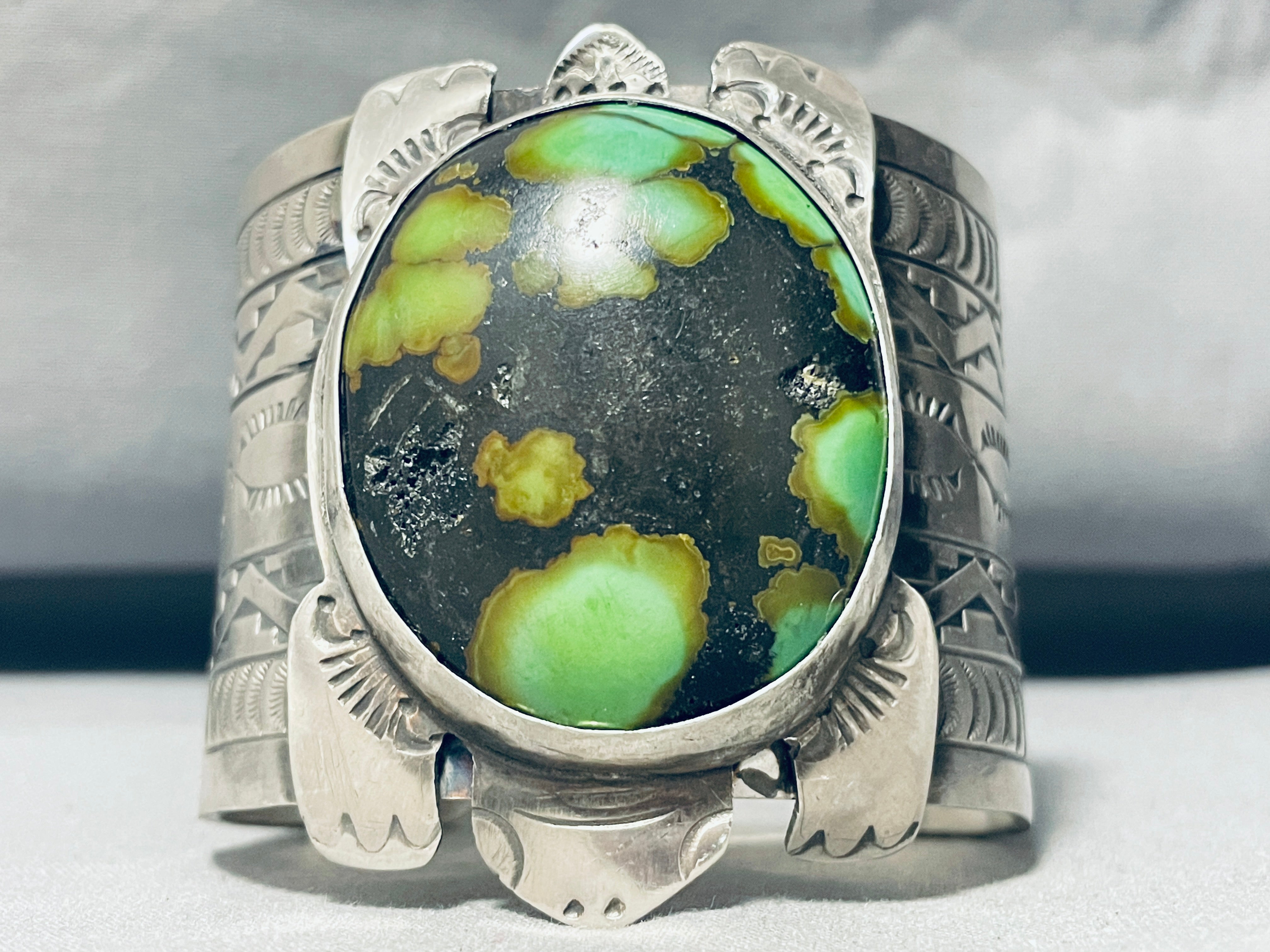 Authentic Navajo Sterling Silver Green Turtle Bracelet - 149g Handmade Native American Jewelry for Women, Perfect for Boho Fashion & Spiritual Gifts
