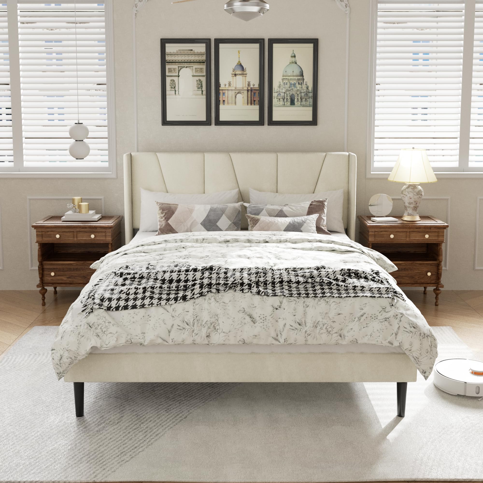 Full Size Bed Frame with Headboard - Velvet Upholstered Platform Bed Frame, Modern Mattress Foundation, Noise Free & No Box Spring Needed, Easy Assembly in Beige | Perfect for Small Bedrooms, Guest Rooms & Contemporary Home Decor