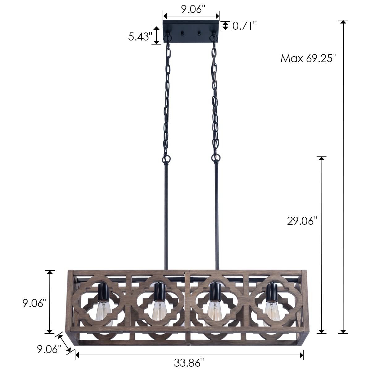 Farmhouse Rectangle Wood Kitchen Island Pendant Light - 4-Light Industrial Linear Chandelier for Dining Room, Living Room & Foyer - Rustic Lighting Fixture for Modern Farmhouse, Restaurant & Coffee Shop Decor
