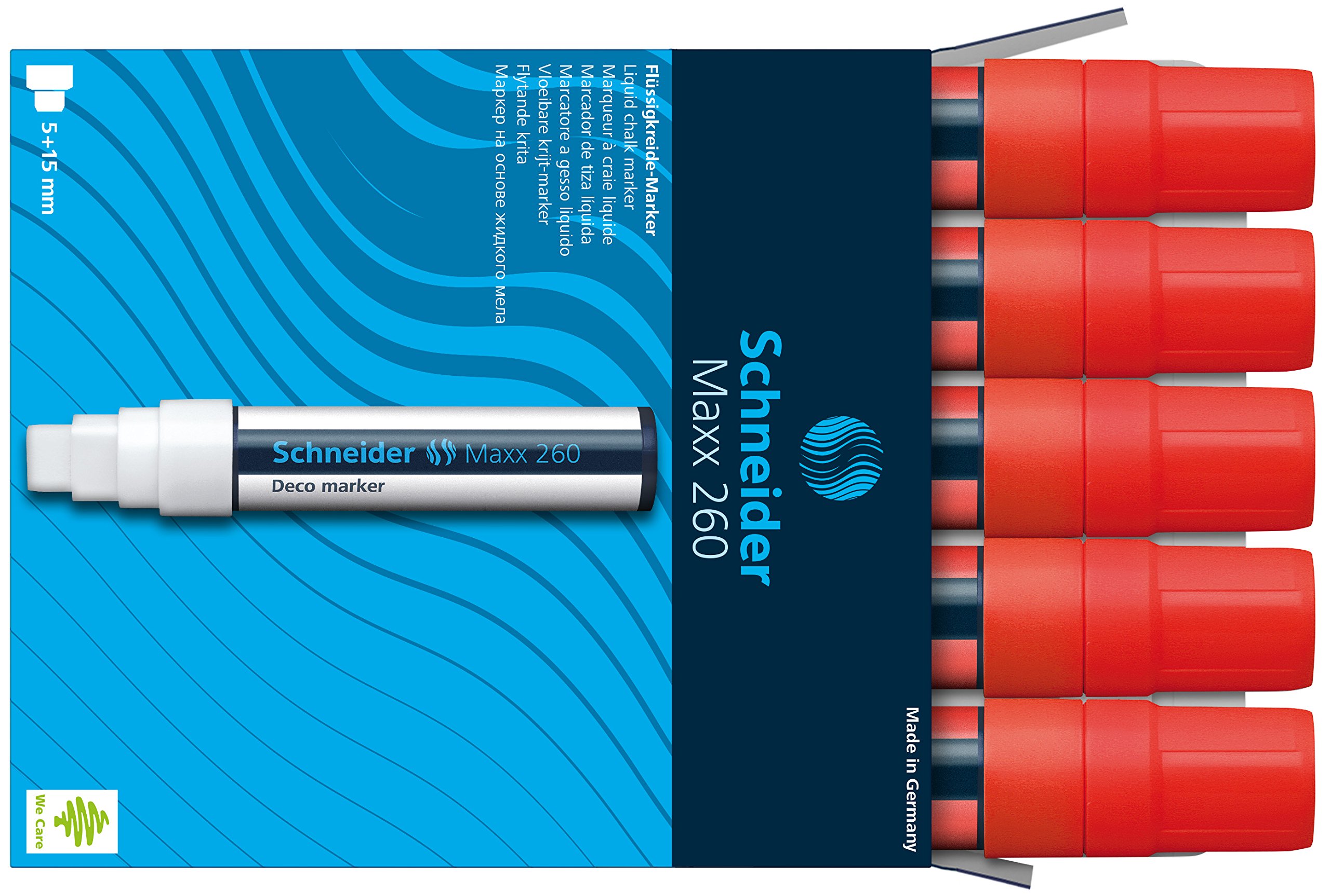 Schneider Maxx 260 Premium Chalk Markers - Pack of 5 Vibrant Red Liquid Chalk Pens for Whiteboards, Glass, Windows & Signs - Ideal for Restaurants, Classrooms, Offices & Retail Displays