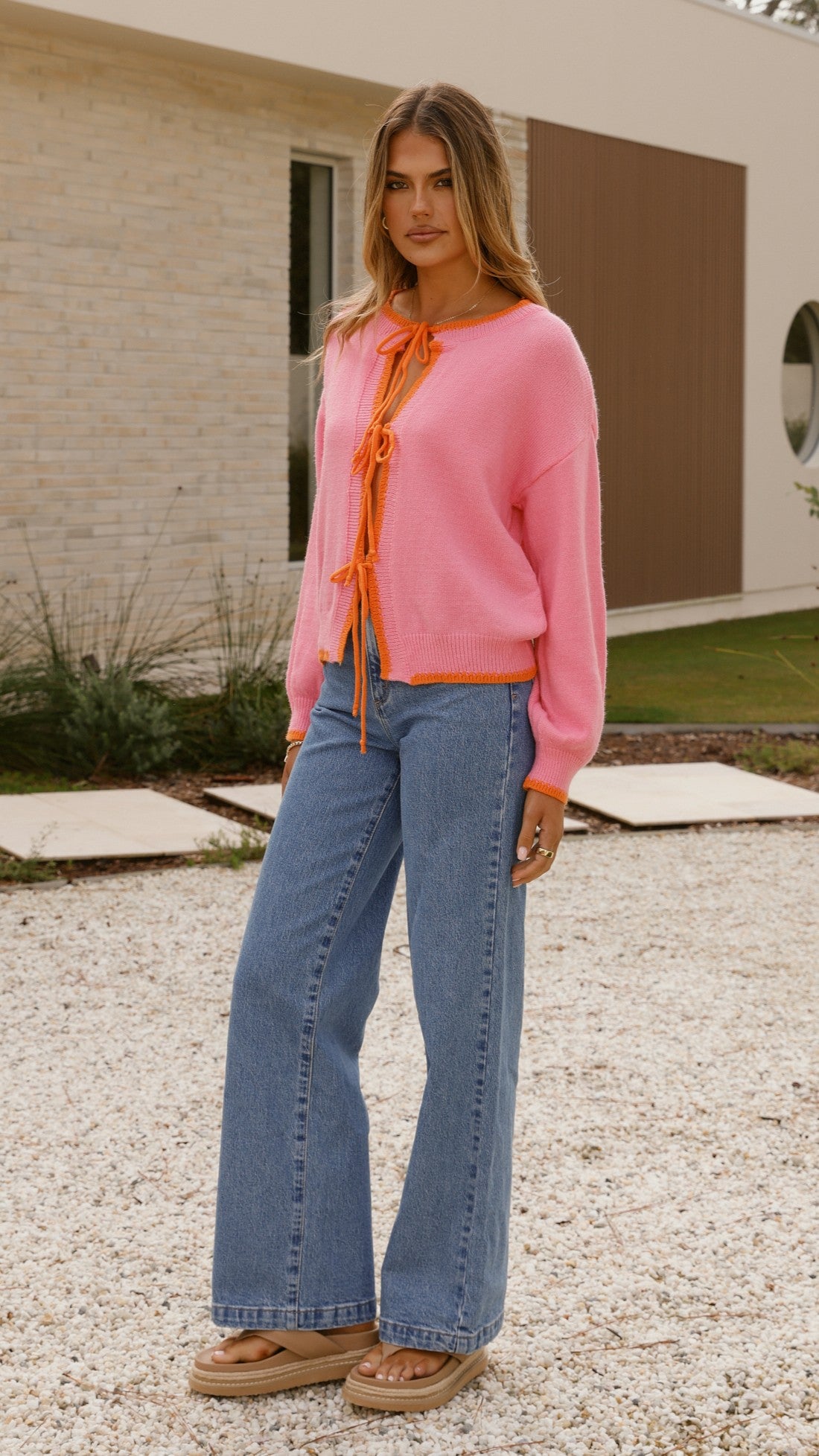 Hazina Tie Long Sleeve Knit Top for Women - Soft Stretchy Casual Blouse in Pink & Orange | Perfect for Office Wear, Date Night & Fall Layering
