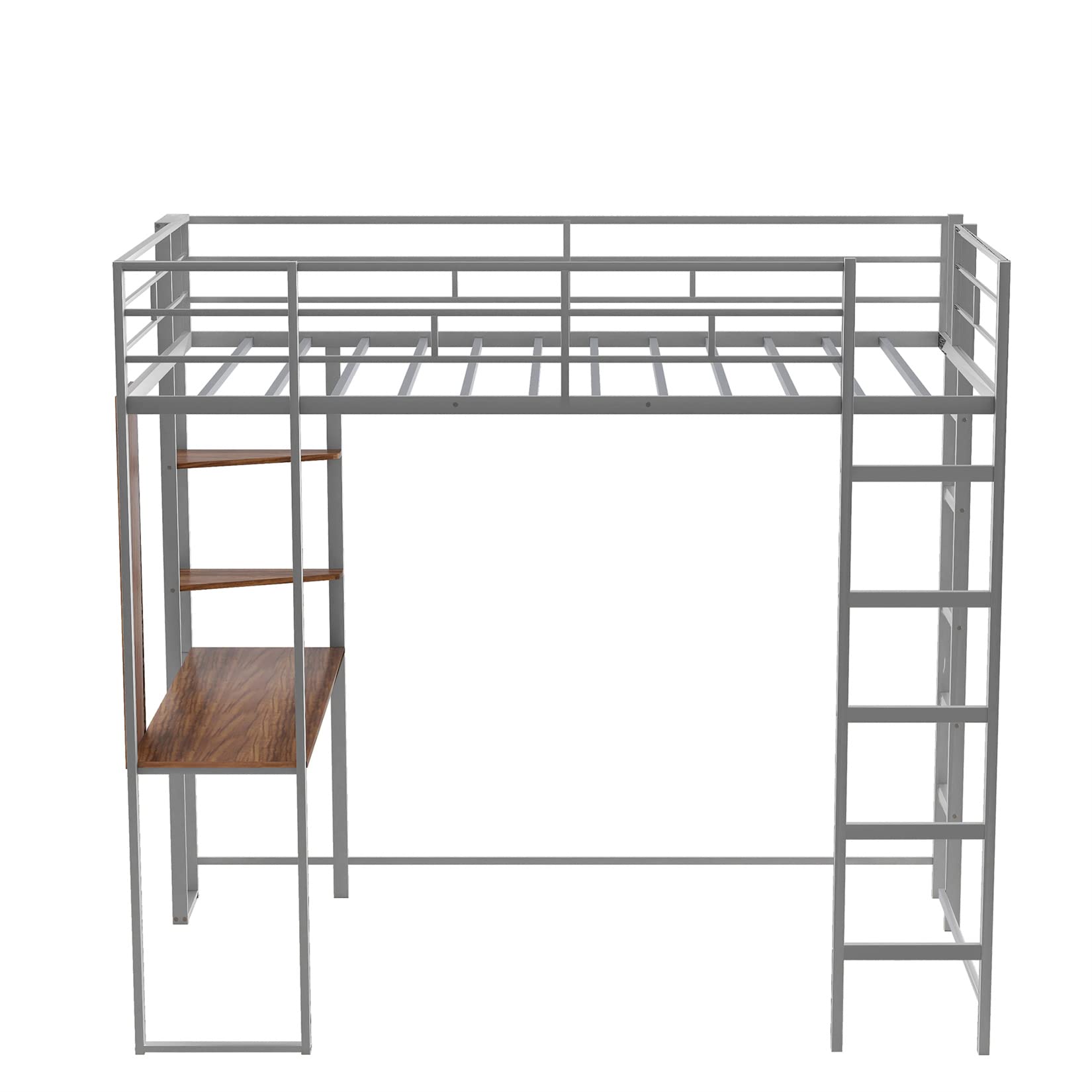 Bellemave Metal Loft Bed with Desk & Bookcase - Twin Size Space Saving Bunk Bed for Dorm Rooms, Kids & Teens - Includes 2 Ladders in Silver Finish | Perfect for Small Bedrooms, College Dorms & Studio Apartments