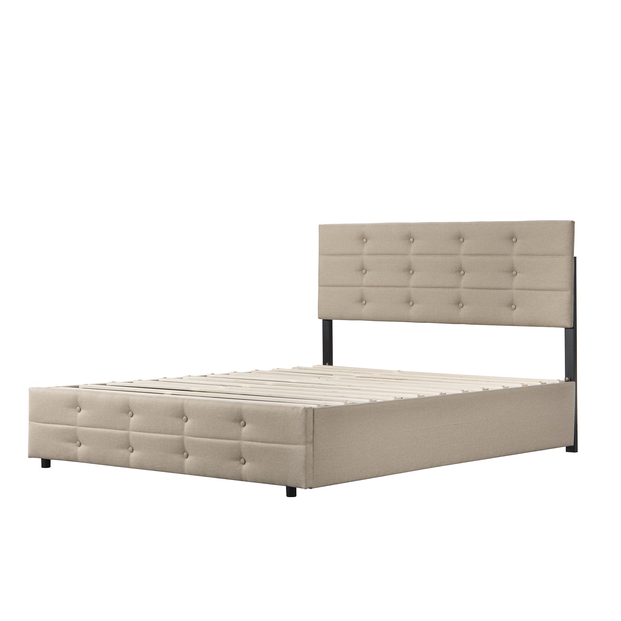 Harper & Bright Designs Queen Size Upholstered Platform Bed with Trundle & Storage Drawers - Light Beige Linen Fabric - Perfect for Small Bedrooms, Guest Rooms & Space-Saving Solutions