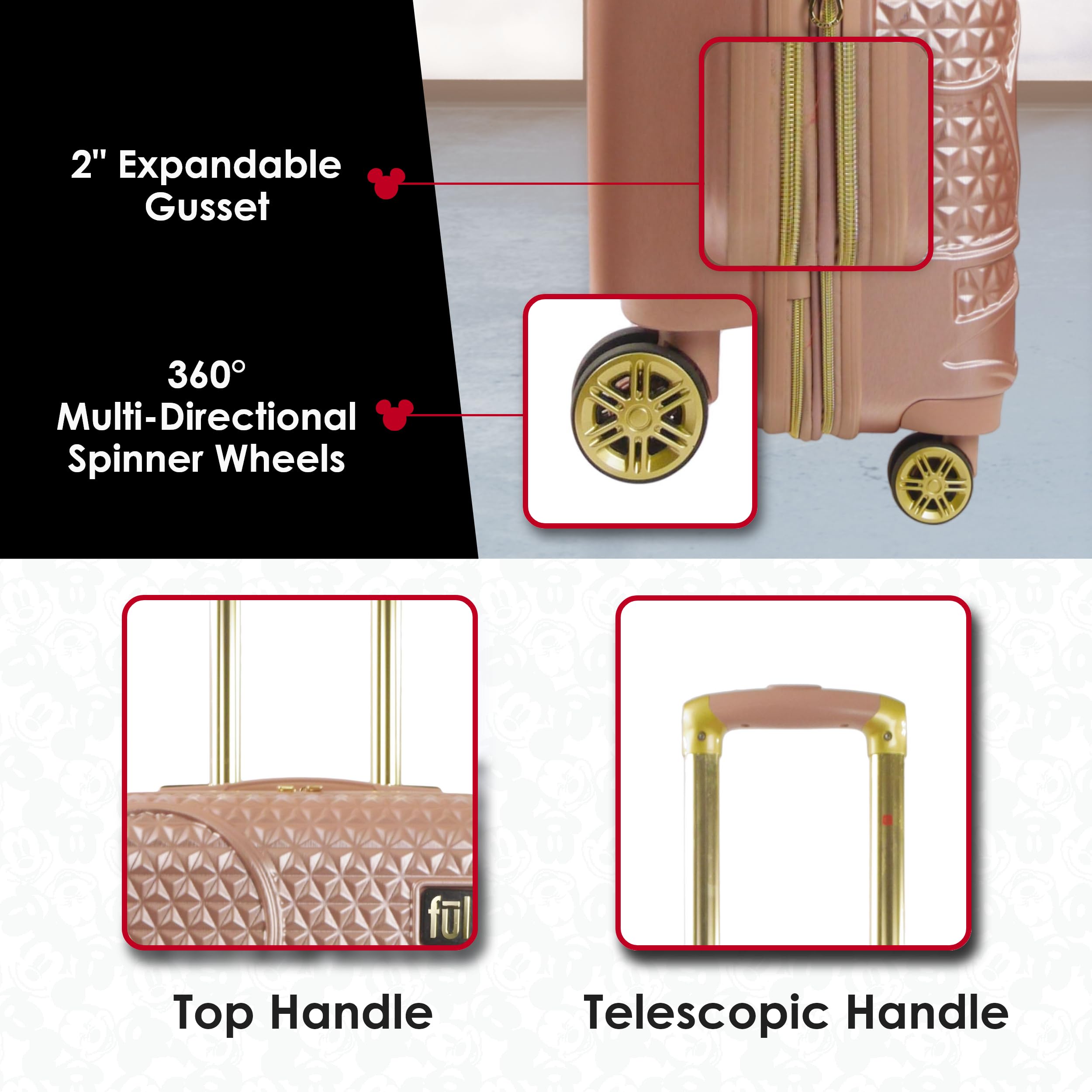 Disney Mickey Mouse Hardshell Spinner Carry On Luggage 21 Inch - Rose Gold Rolling Suitcase for Travel, Airplane & Vacation (Perfect for Disney Fans & Family Trips)