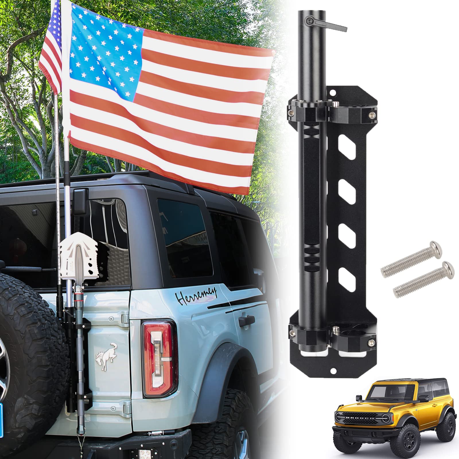 Guina 3-in-1 Aluminum Antenna Mount Flagpole Holder & Tailgate Hinge Mount for Ford Bronco 2021-2022 - No Drilling Installation - Perfect for Off-Road Adventures, Tailgating & Military Shovel Mounting