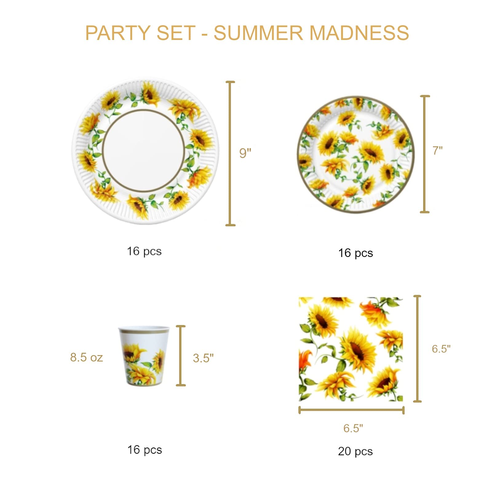 Sunflower Party Supplies Set for 16 Guests - Disposable Paper Plates, Dinner Plates, Dessert Plates, Paper Cups & Napkins - Eco-Friendly Summer Party Decor for Weddings, Birthdays & Outdoor Gatherings