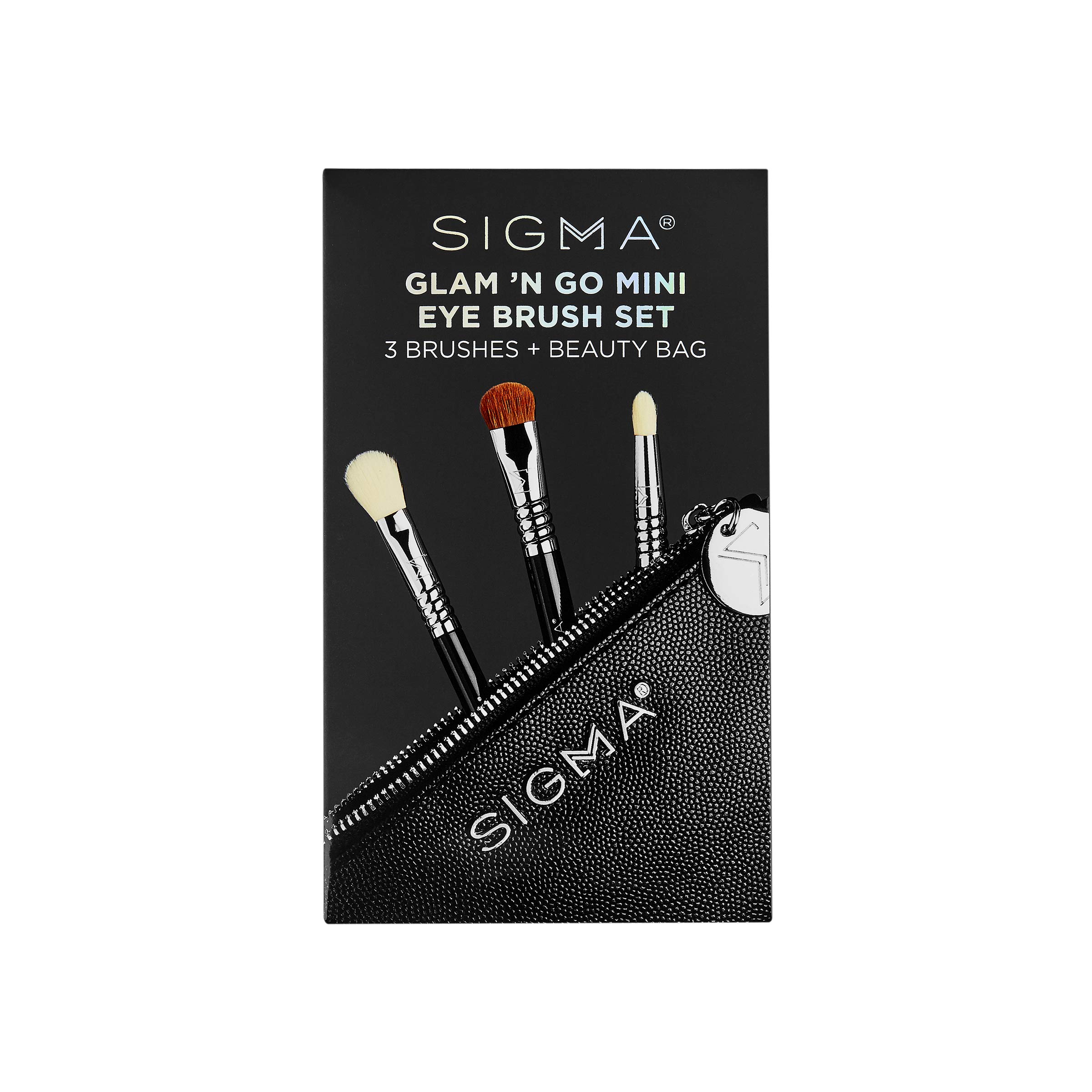 Sigma Beauty Glam 'N Glow Mini Eye Makeup Brush Set – 3 Professional Brushes for Blending, Shading & Eyeliner | Perfect for Travel & Everyday Makeup | Includes Black Makeup Pouch (4 Pcs)