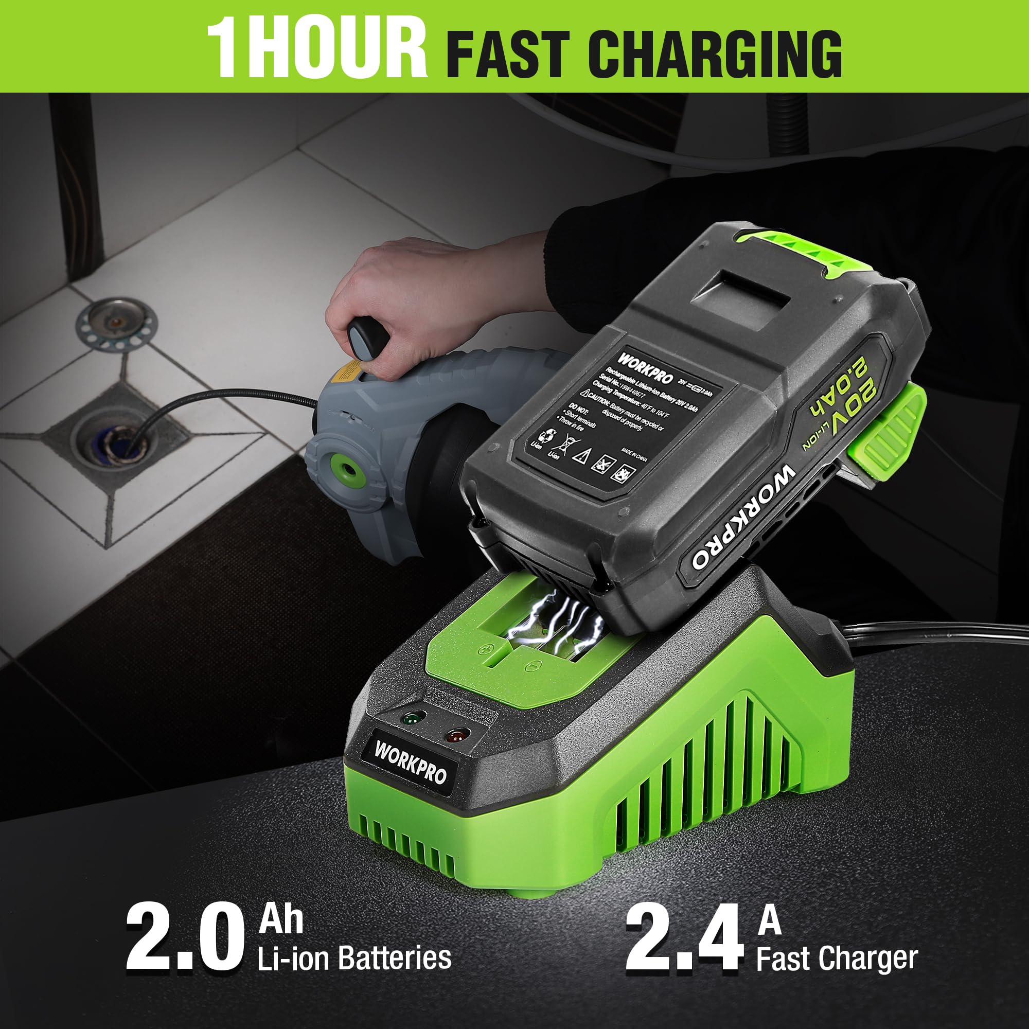 WORKPRO 20V Cordless Drain Auger Snake Kit - 25Ft Heavy Duty Plumbing Snake with 2.0AH Battery & Charger for Clogged Toilet, Shower, Sink, Sewer Line (Fits 3/4