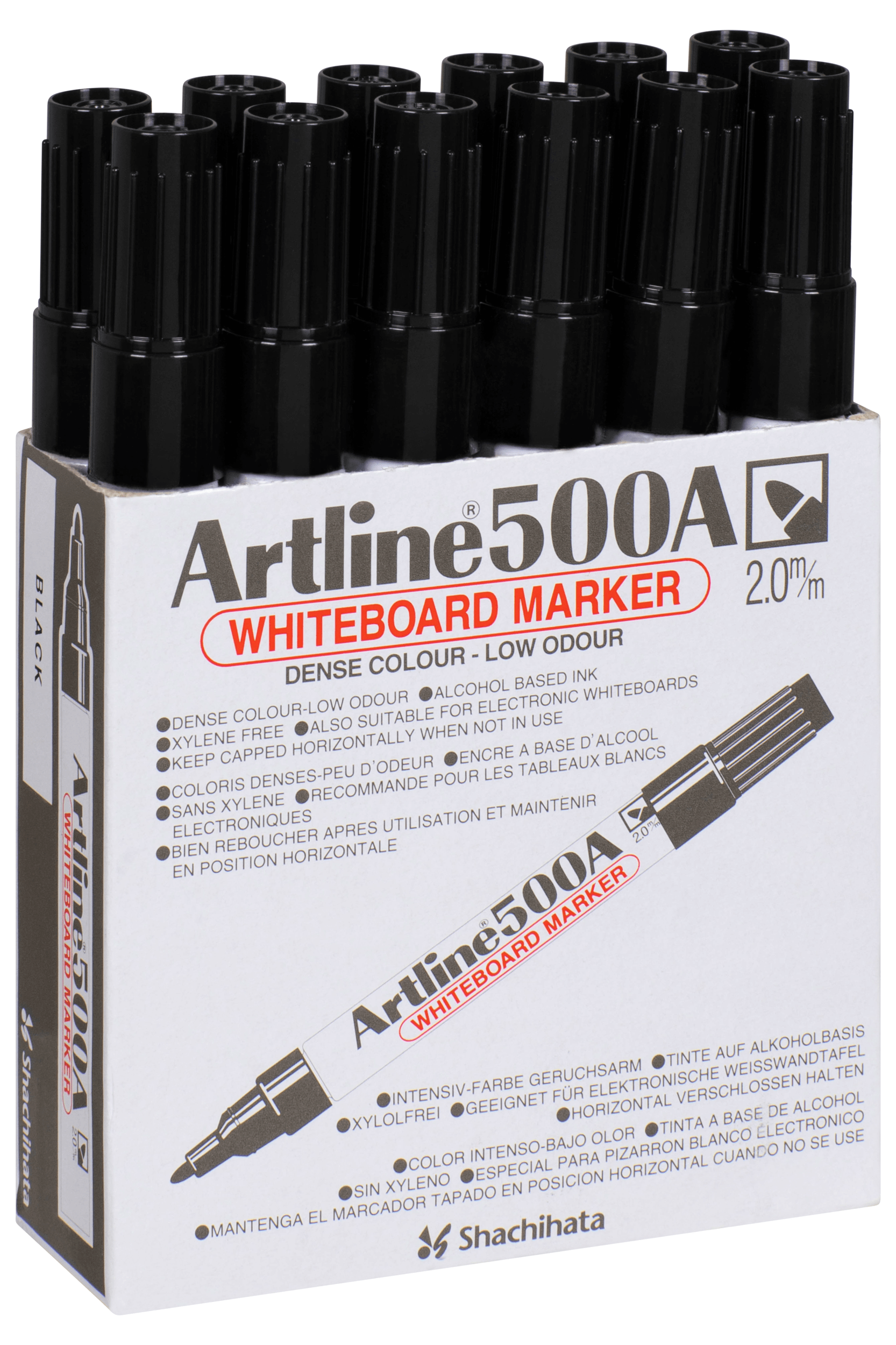 Artline 500A Whiteboard Markers - 12 Pack Black Bullet Tip (2mm) - Dry Erase Markers for Office, Classroom & Home Use - Non-Toxic & Low Odor