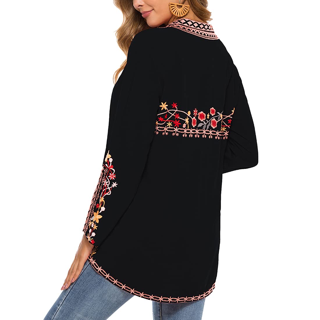 Mexican Boho Embroidered Long Sleeve Peasant Blouse for Women - Loose Casual Tunic Top with Floral Designs - Perfect for Fall Fashion, Festivals, and Everyday Boho Chic Style